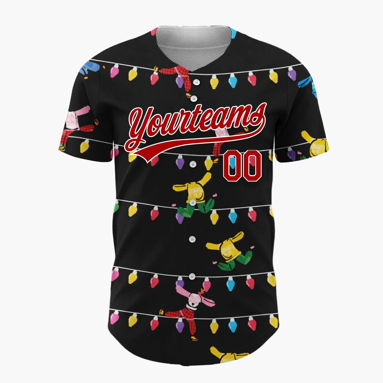 Custom Black Multicolor Dancing Characters And Lights Playful Holiday Pattern Christmas Baseball Jersey