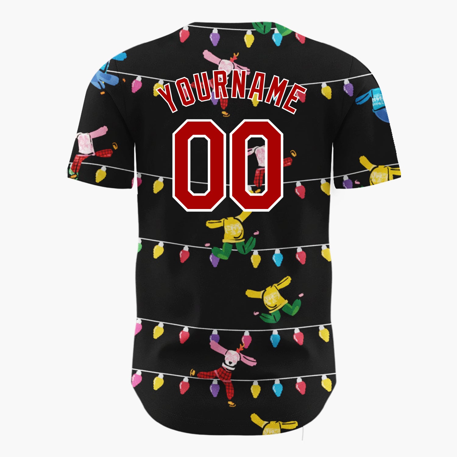 Custom Black Multicolor Dancing Characters And Lights Playful Holiday Pattern Christmas Baseball Jersey