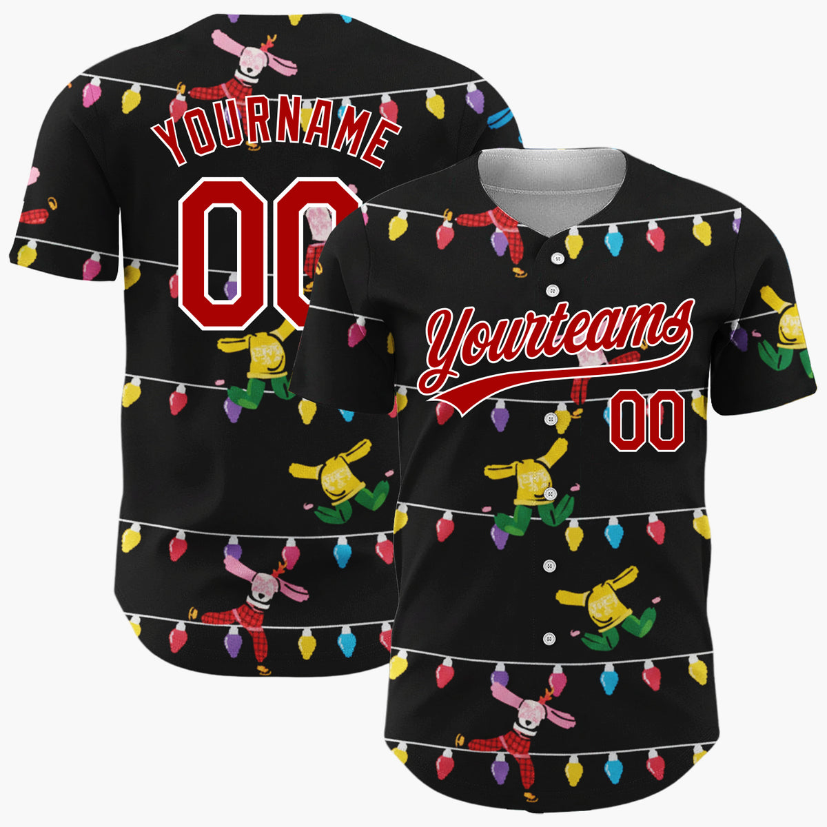 Custom Black Multicolor Dancing Characters And Lights Playful Holiday Pattern Christmas Baseball Jersey