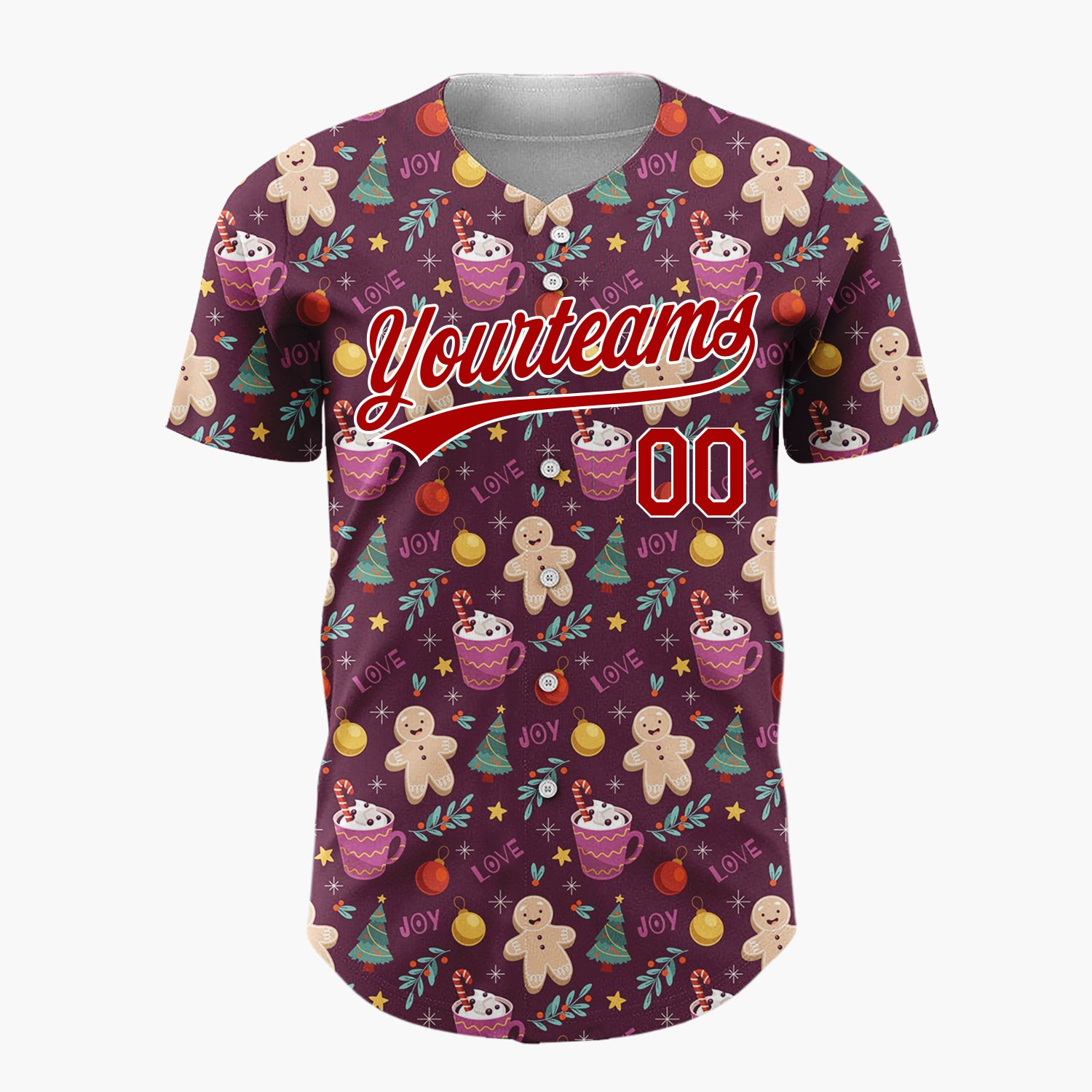 Custom Burgundy Gingerbread Trees And Cocoa Cups Joy And Love Christmas Baseball Jersey