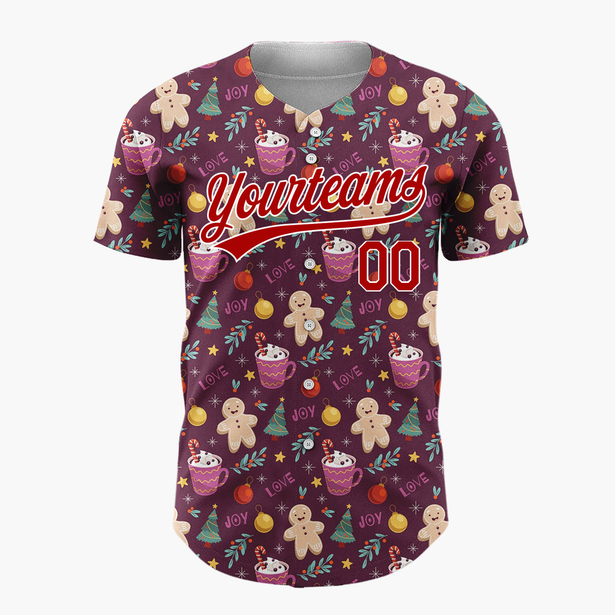 Custom Burgundy Gingerbread Trees And Cocoa Cups Joy And Love Christmas Baseball Jersey