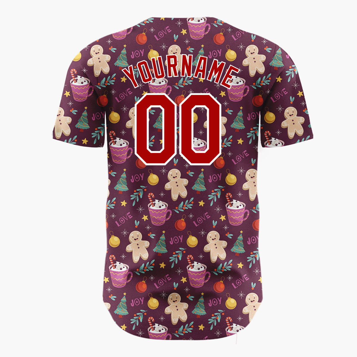 Custom Burgundy Gingerbread Trees And Cocoa Cups Joy And Love Christmas Baseball Jersey