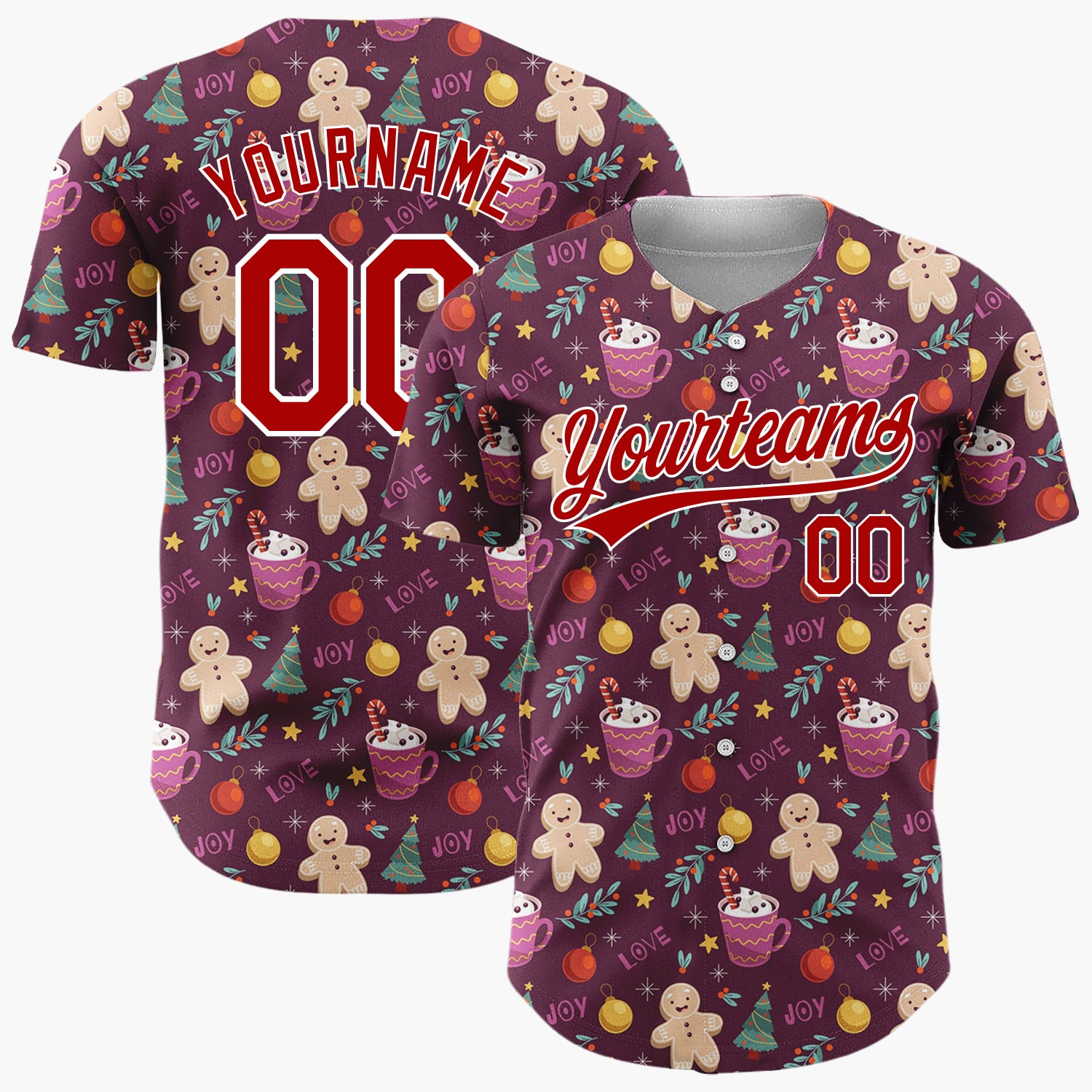 Custom Burgundy Gingerbread Trees And Cocoa Cups Joy And Love Christmas Baseball Jersey