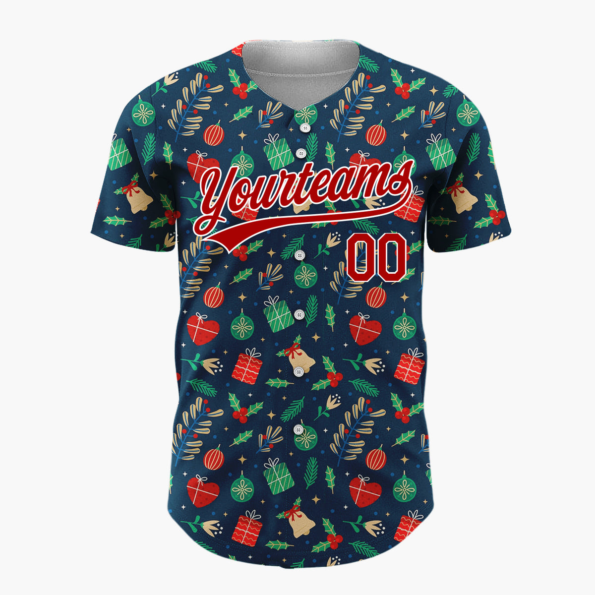 Custom Dark Blue Candy Canes Holly Berries Cartoon Pattern Christmas Baseball Jersey