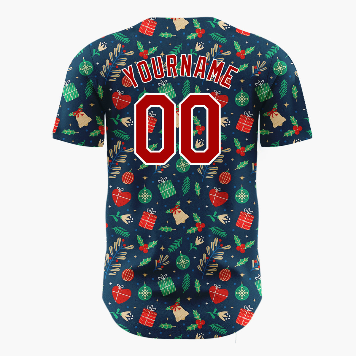 Custom Dark Blue Candy Canes Holly Berries Cartoon Pattern Christmas Baseball Jersey