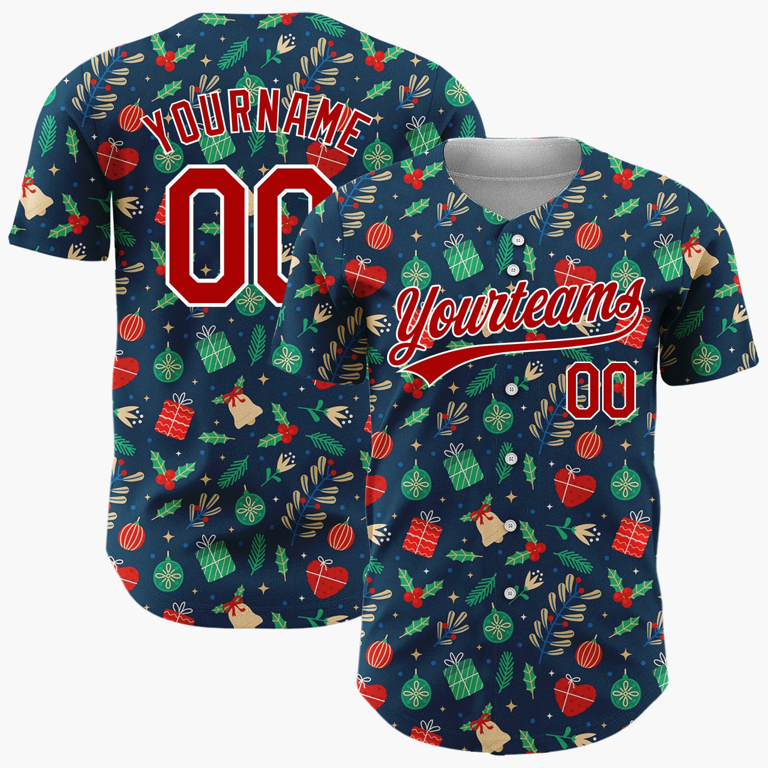 Custom Dark Blue Candy Canes Holly Berries Cartoon Pattern Christmas Baseball Jersey