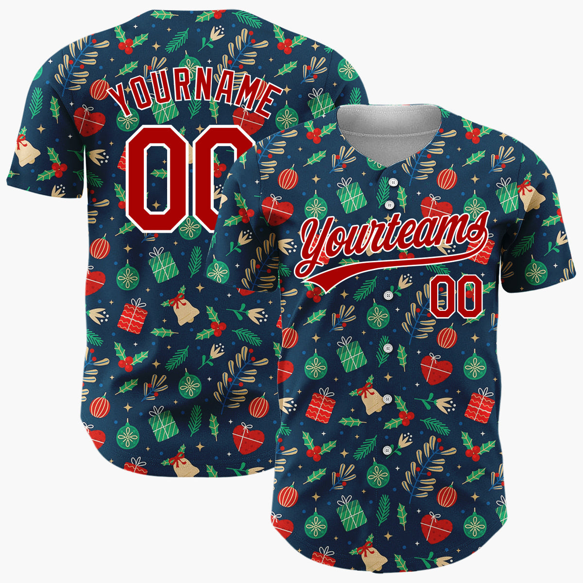 Custom Dark Blue Candy Canes Holly Berries Cartoon Pattern Christmas Baseball Jersey