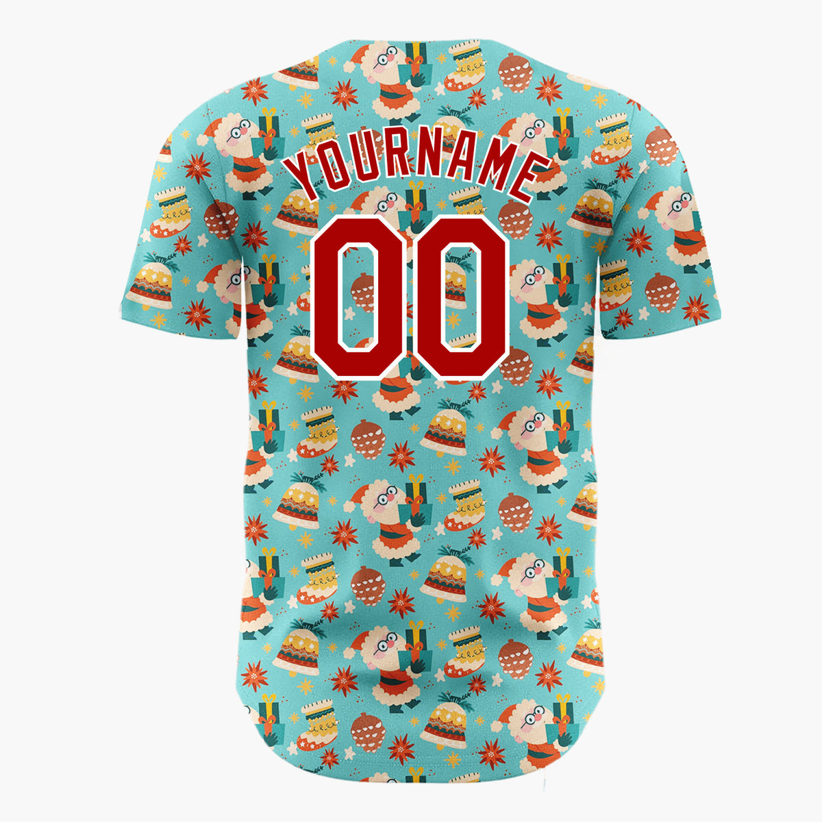 Custom Bright Blue Santa Bells And Snowman Treats Fun Retro Pattern Christmas Baseball Jersey