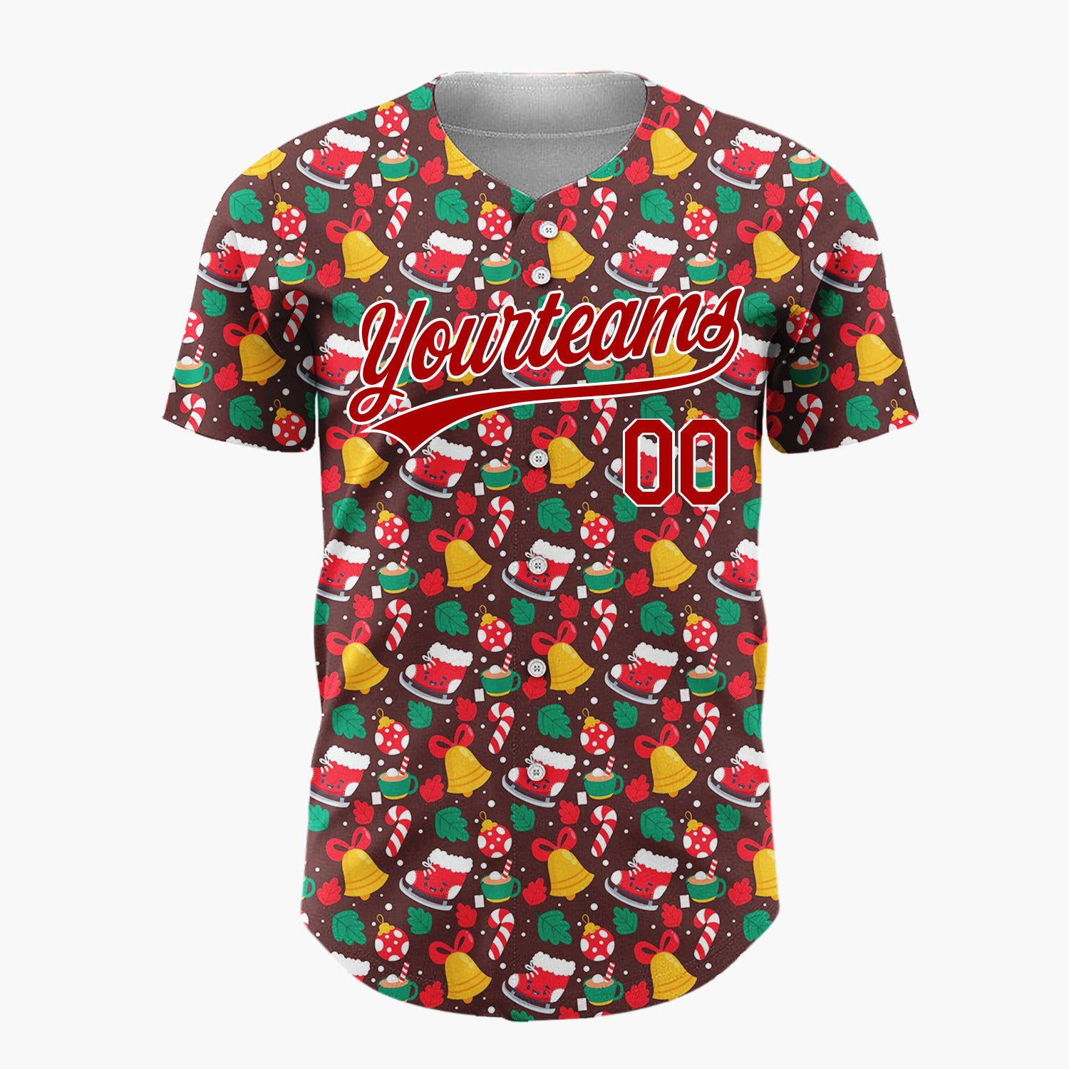 Custom Brown Red Yellow Bells Gifts And Candy Canes Classic Christmas Baseball Jersey