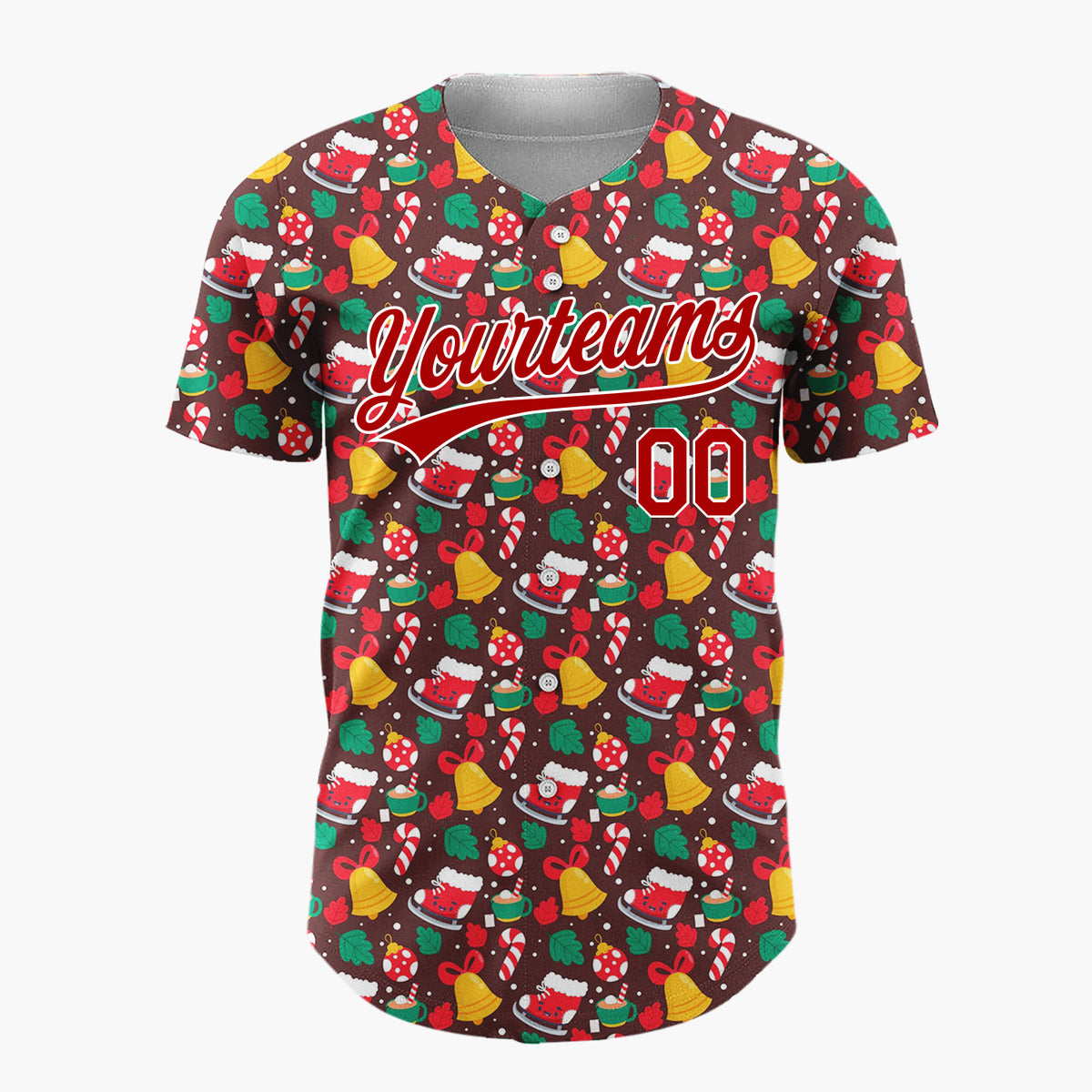 Custom Brown Red Yellow Bells Gifts And Candy Canes Classic Christmas Baseball Jersey