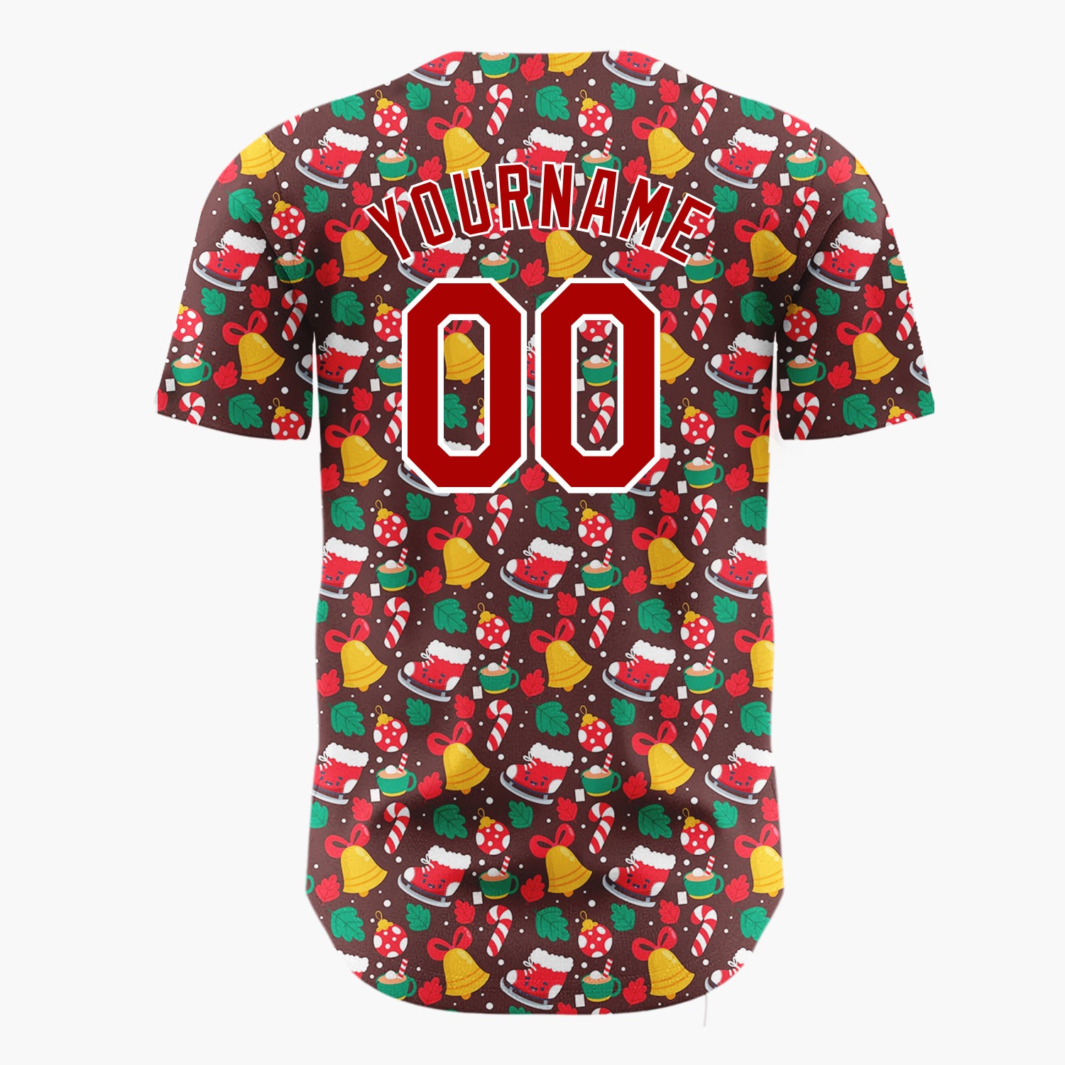 Custom Brown Red Yellow Bells Gifts And Candy Canes Classic Christmas Baseball Jersey