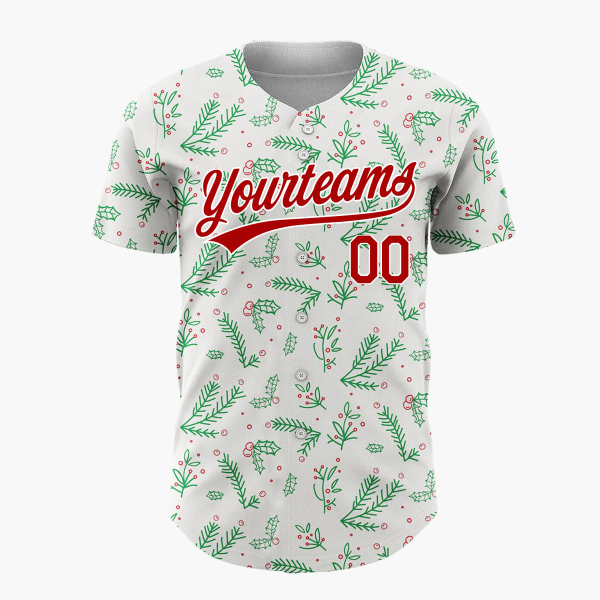 Custom Cream Green Red Simple Holly And Pine Christmas Botanical Pattern Christmas Baseball Jersey