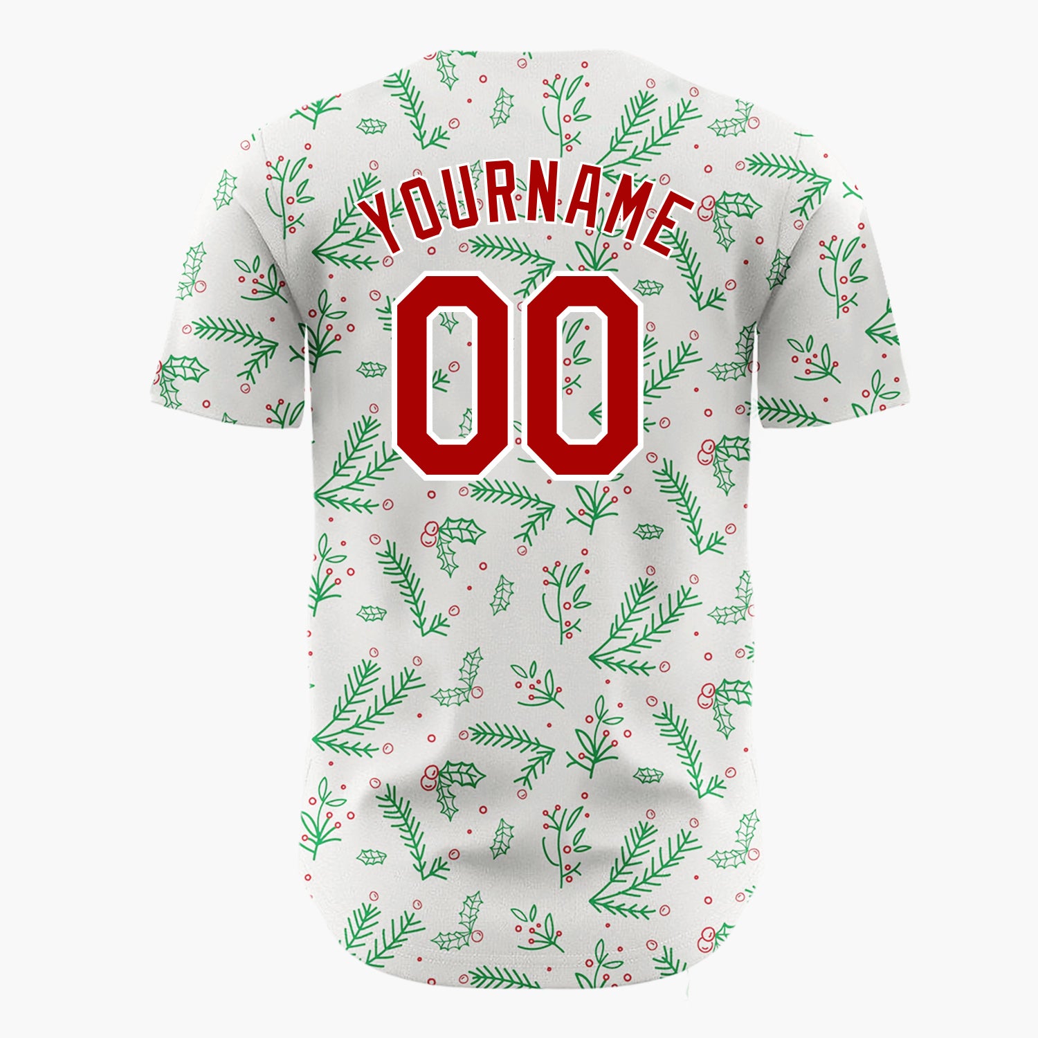 Custom Cream Green Red Simple Holly And Pine Christmas Botanical Pattern Christmas Baseball Jersey