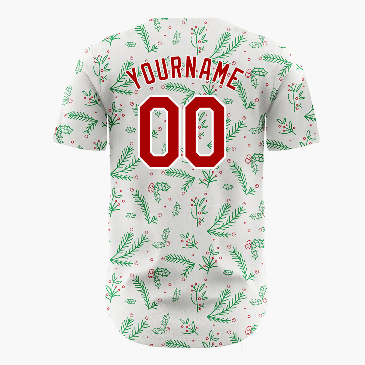 Custom Cream Green Red Simple Holly And Pine Christmas Botanical Pattern Christmas Baseball Jersey