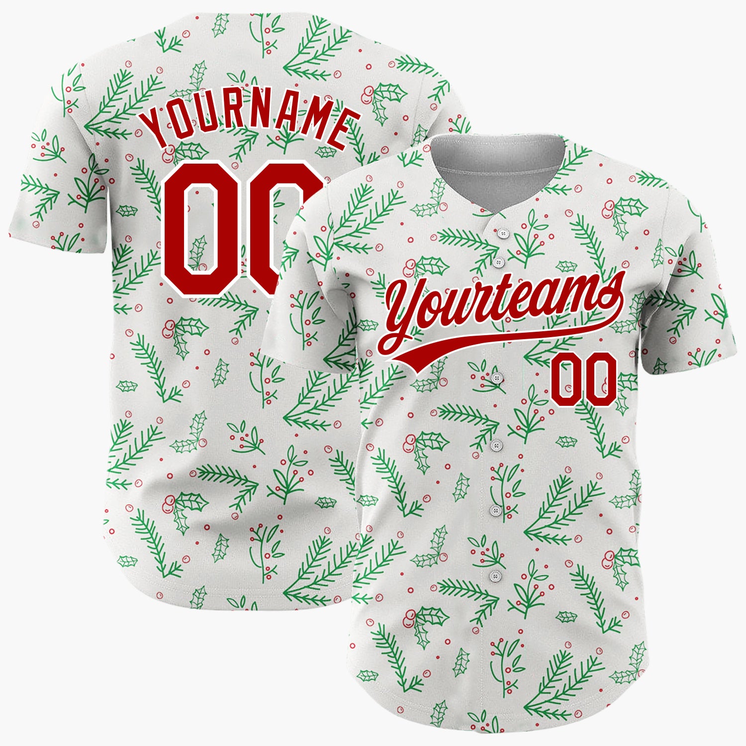 Custom Cream Green Red Simple Holly And Pine Christmas Botanical Pattern Christmas Baseball Jersey