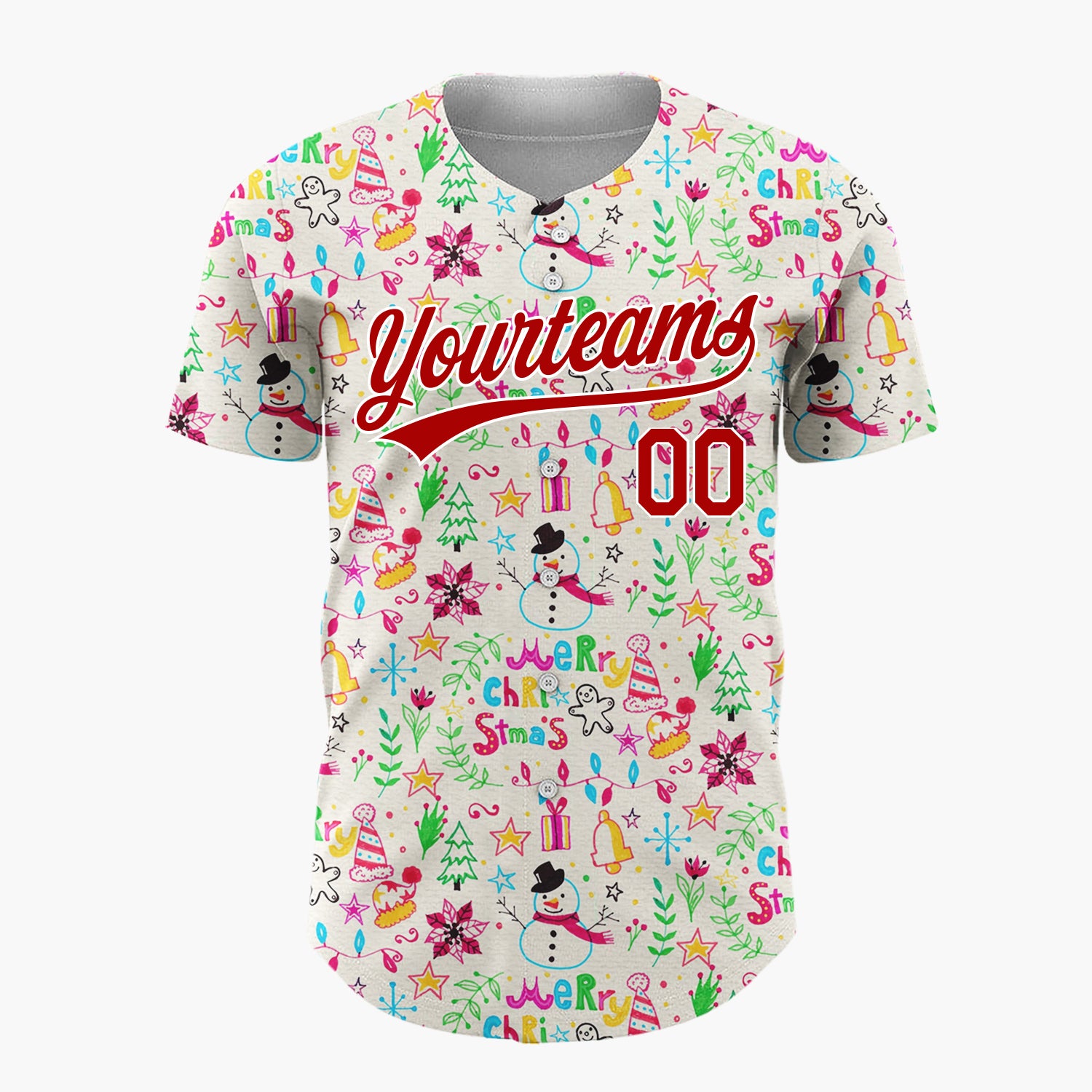 Custom Cream Multicolor Hand Drawn Doodle Christmas Baseball Jersey