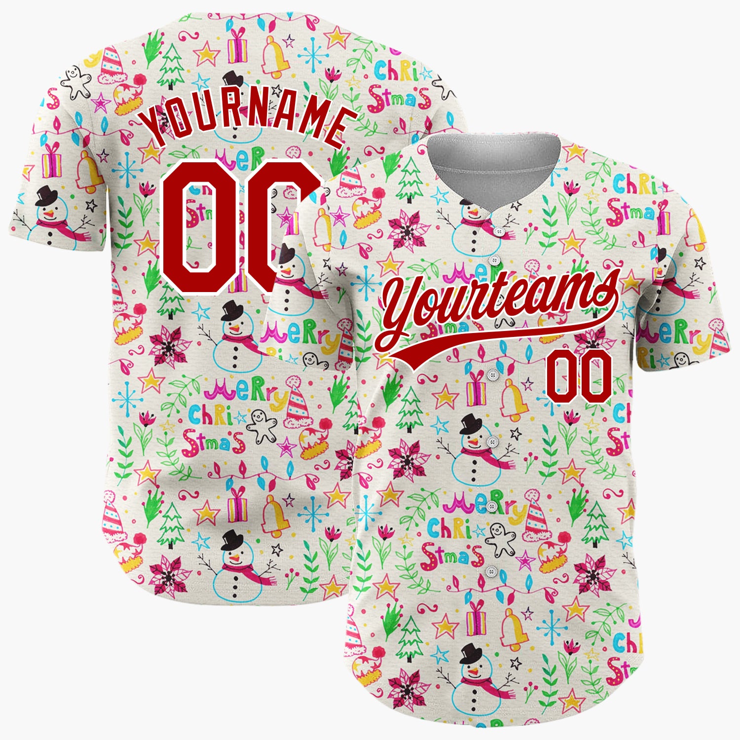 Custom Cream Multicolor Hand Drawn Doodle Christmas Baseball Jersey