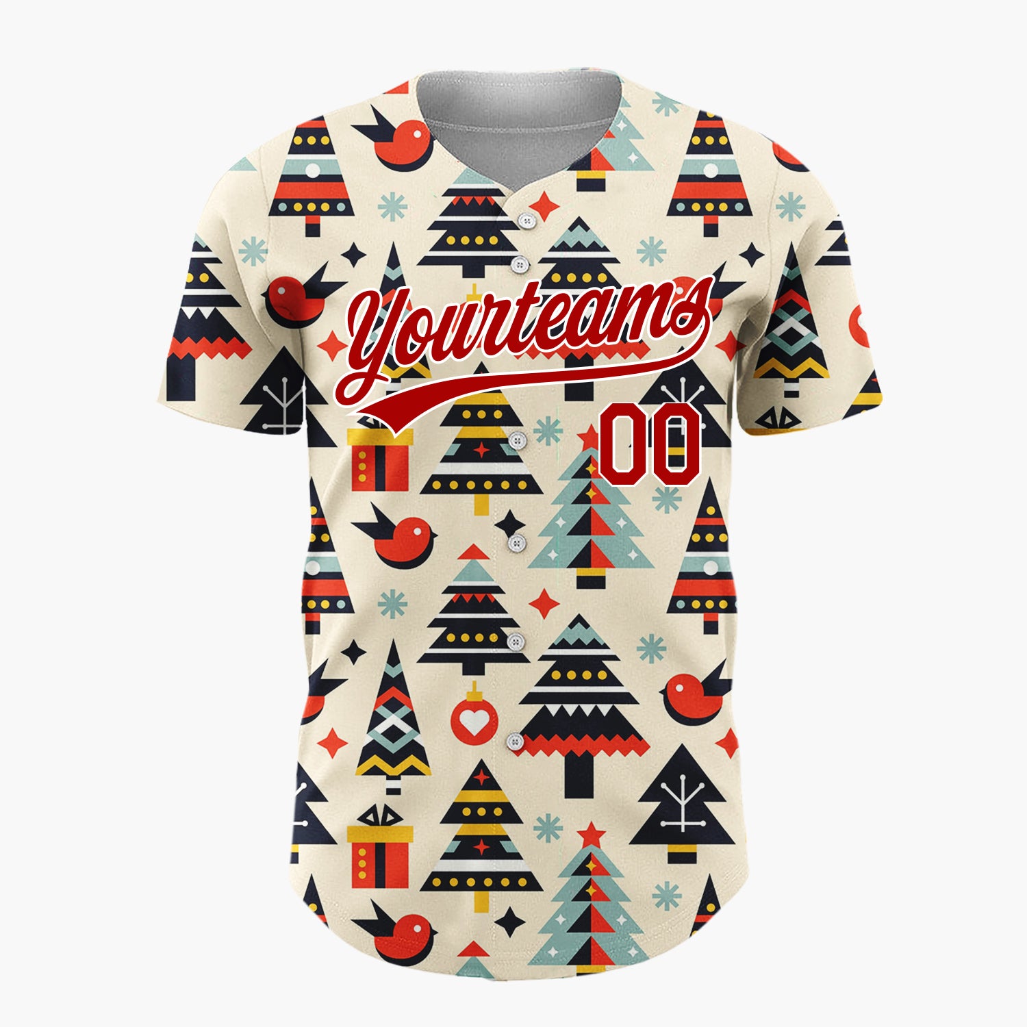 Custom Cream Christmas Trees Bird And Gifts Geometric Christmas Baseball Jersey