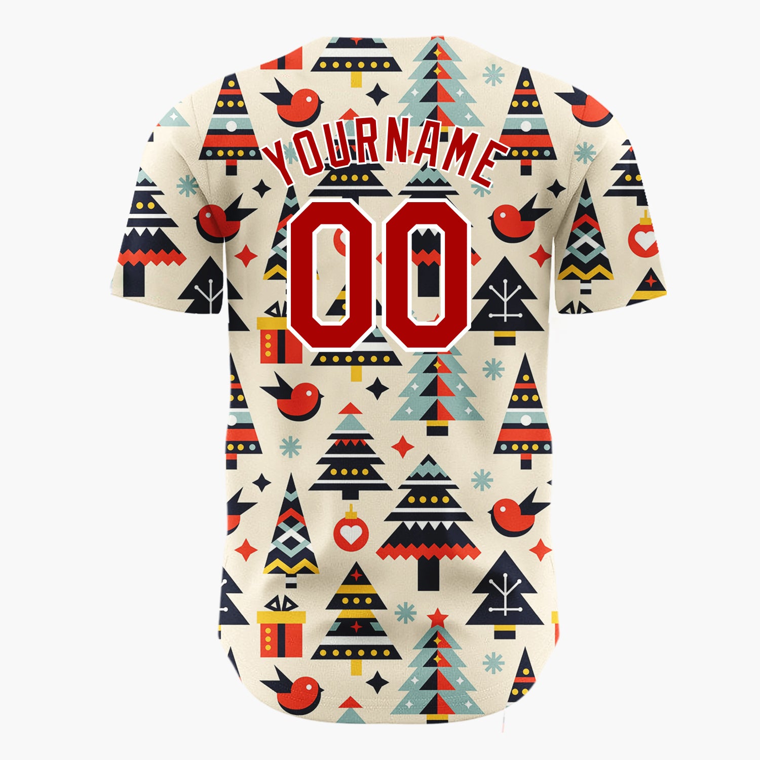 Custom Cream Christmas Trees Bird And Gifts Geometric Christmas Baseball Jersey