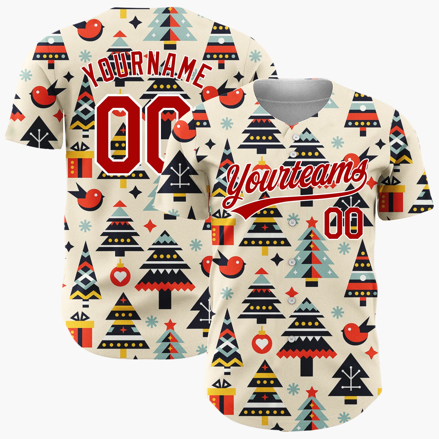 Custom Cream Christmas Trees Bird And Gifts Geometric Christmas Baseball Jersey