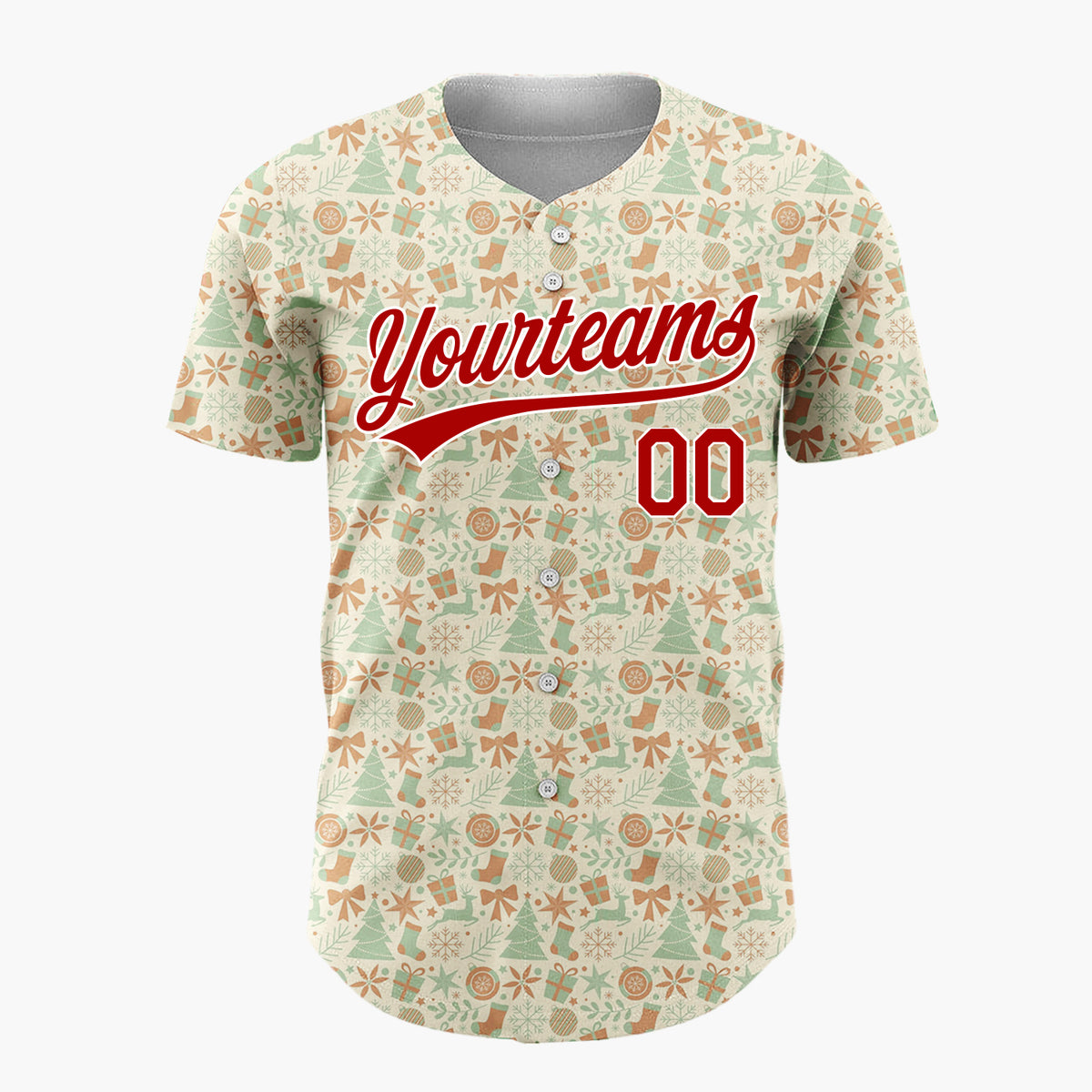 Custom Cream Green Brown Trees Gifts And Snowflakes Retro Christmas Baseball Jersey