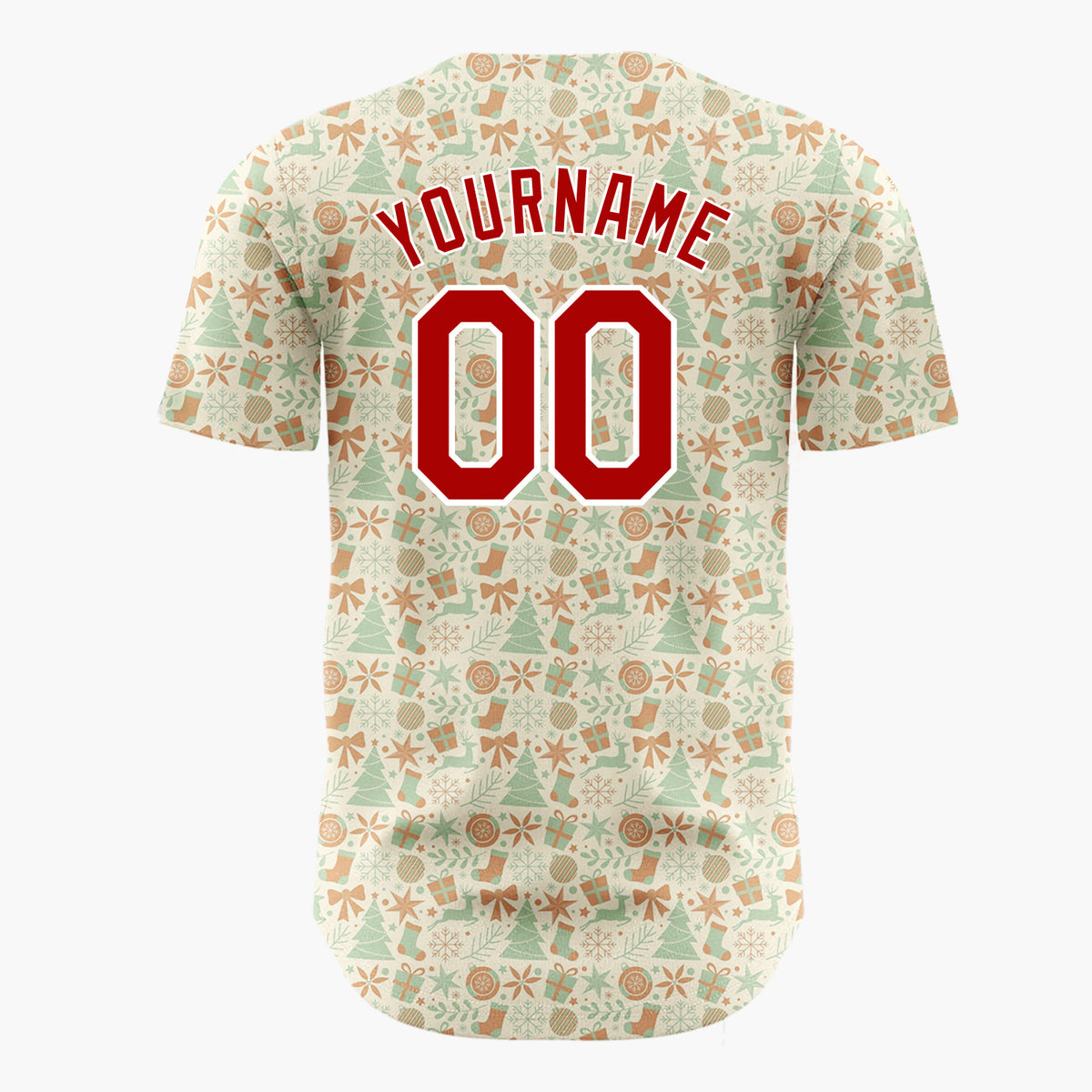 Custom Cream Green Brown Trees Gifts And Snowflakes Retro Christmas Baseball Jersey
