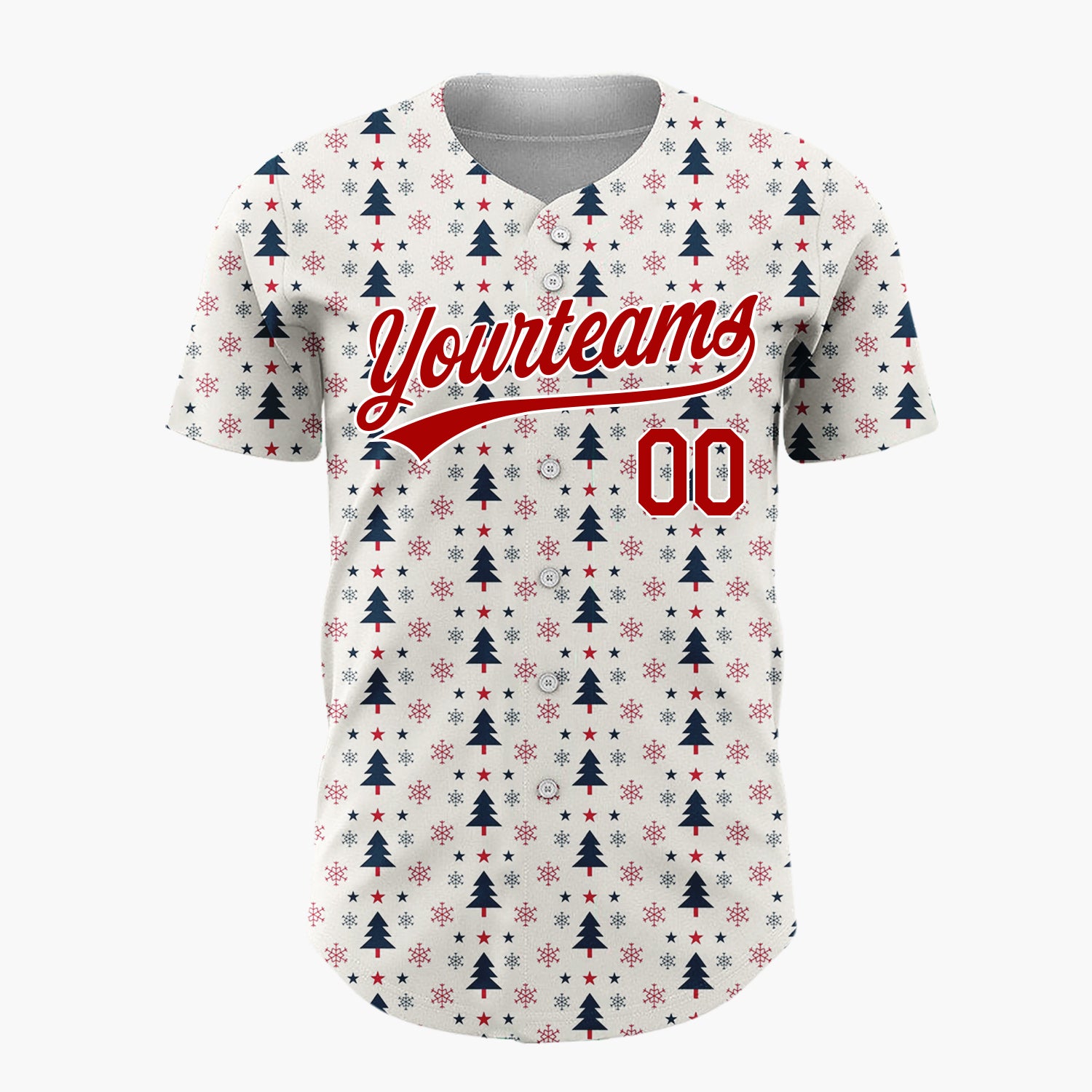 Custom Cream Red Navy Christmas Trees Stars And Snowflakes Minimal Holiday Pattern Christmas Baseball Jersey