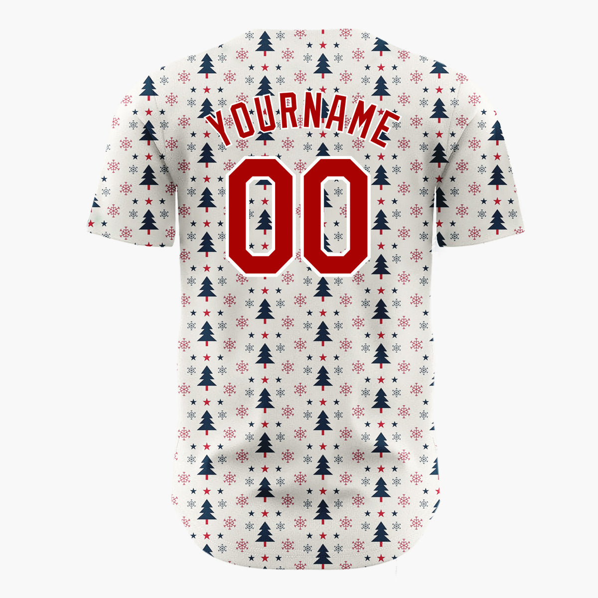 Custom Cream Red Navy Christmas Trees Stars And Snowflakes Minimal Holiday Pattern Christmas Baseball Jersey