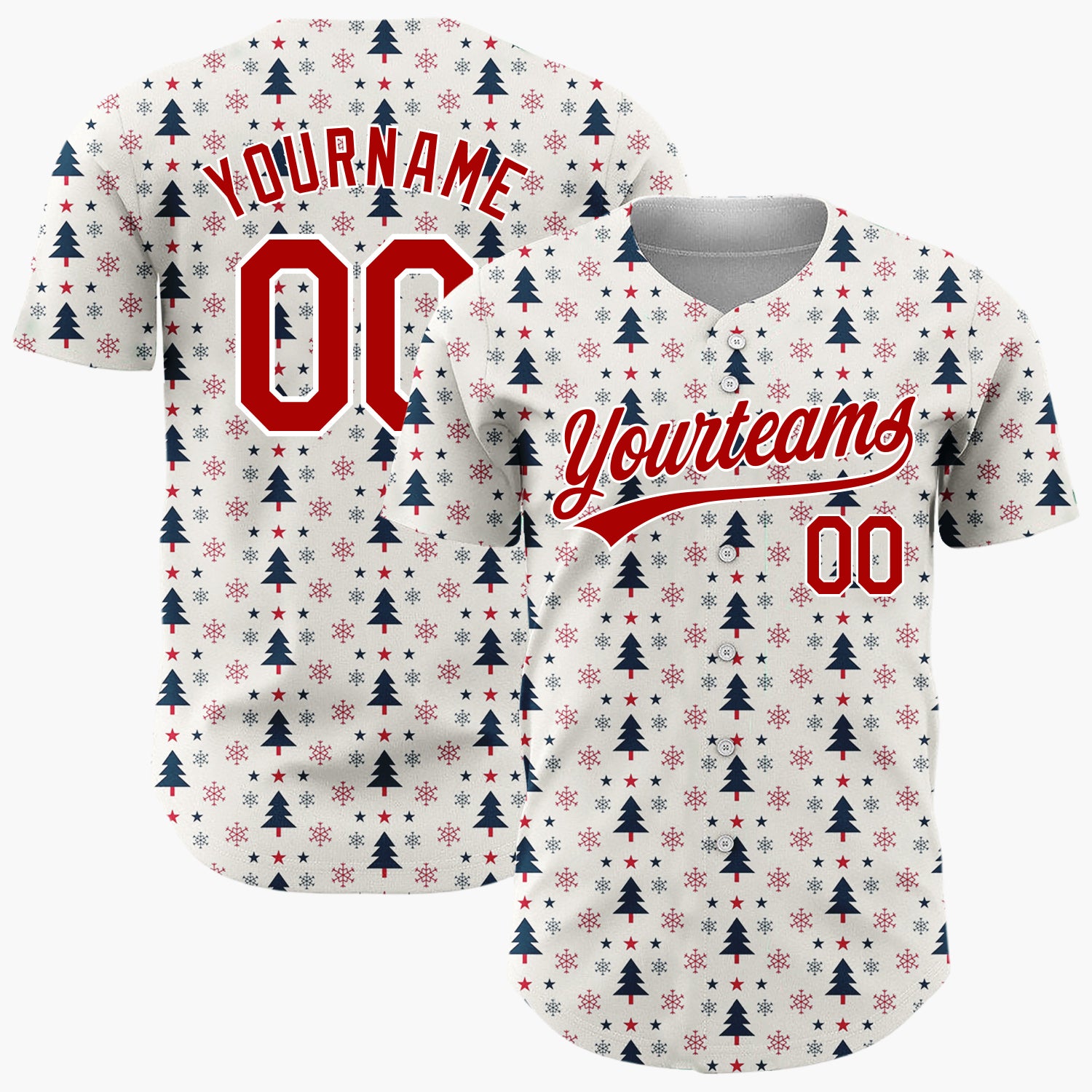 Custom Cream Red Navy Christmas Trees Stars And Snowflakes Minimal Holiday Pattern Christmas Baseball Jersey