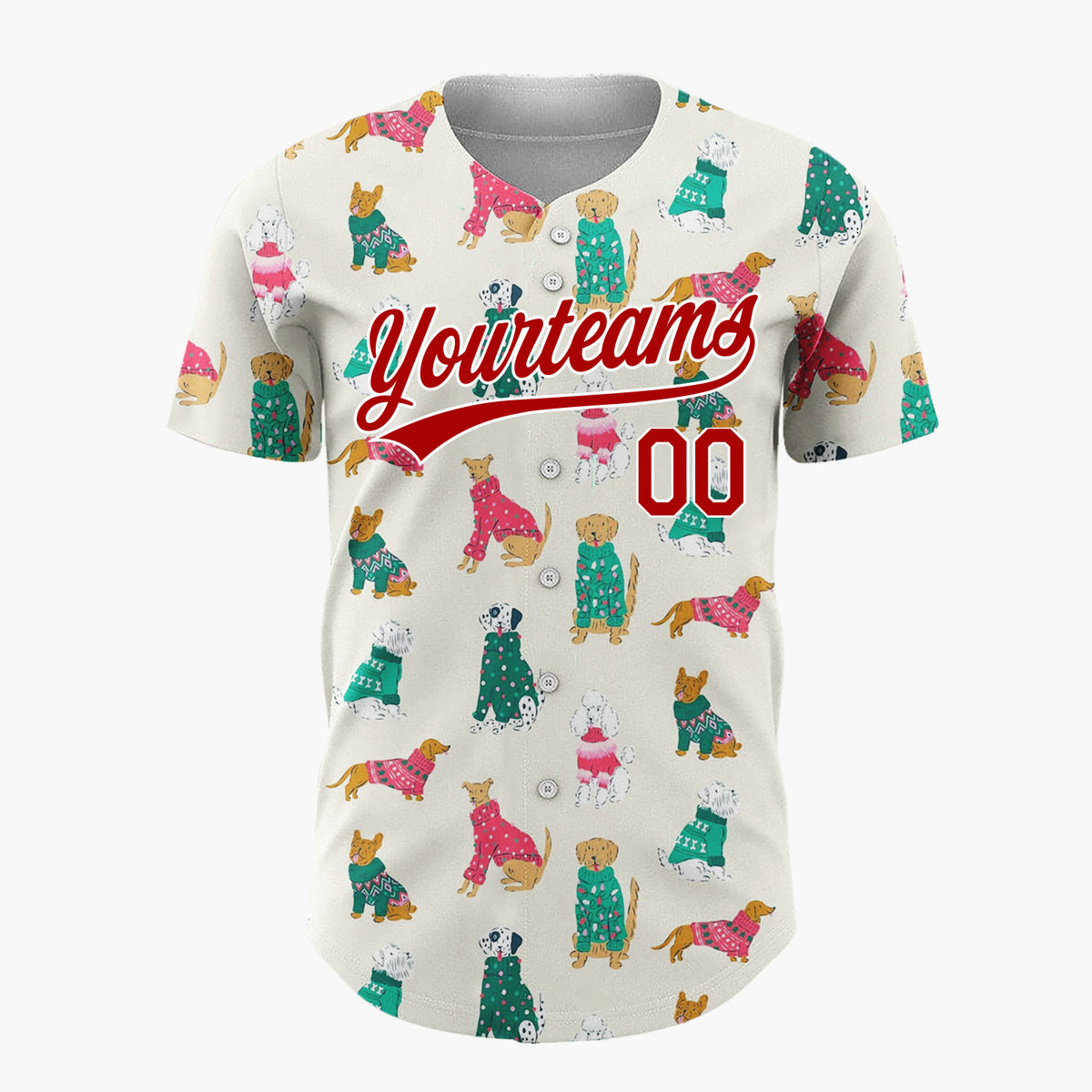 Custom Cream Green Dogs In Festive Jumpers Holiday Pet Pattern Christmas Baseball Jersey