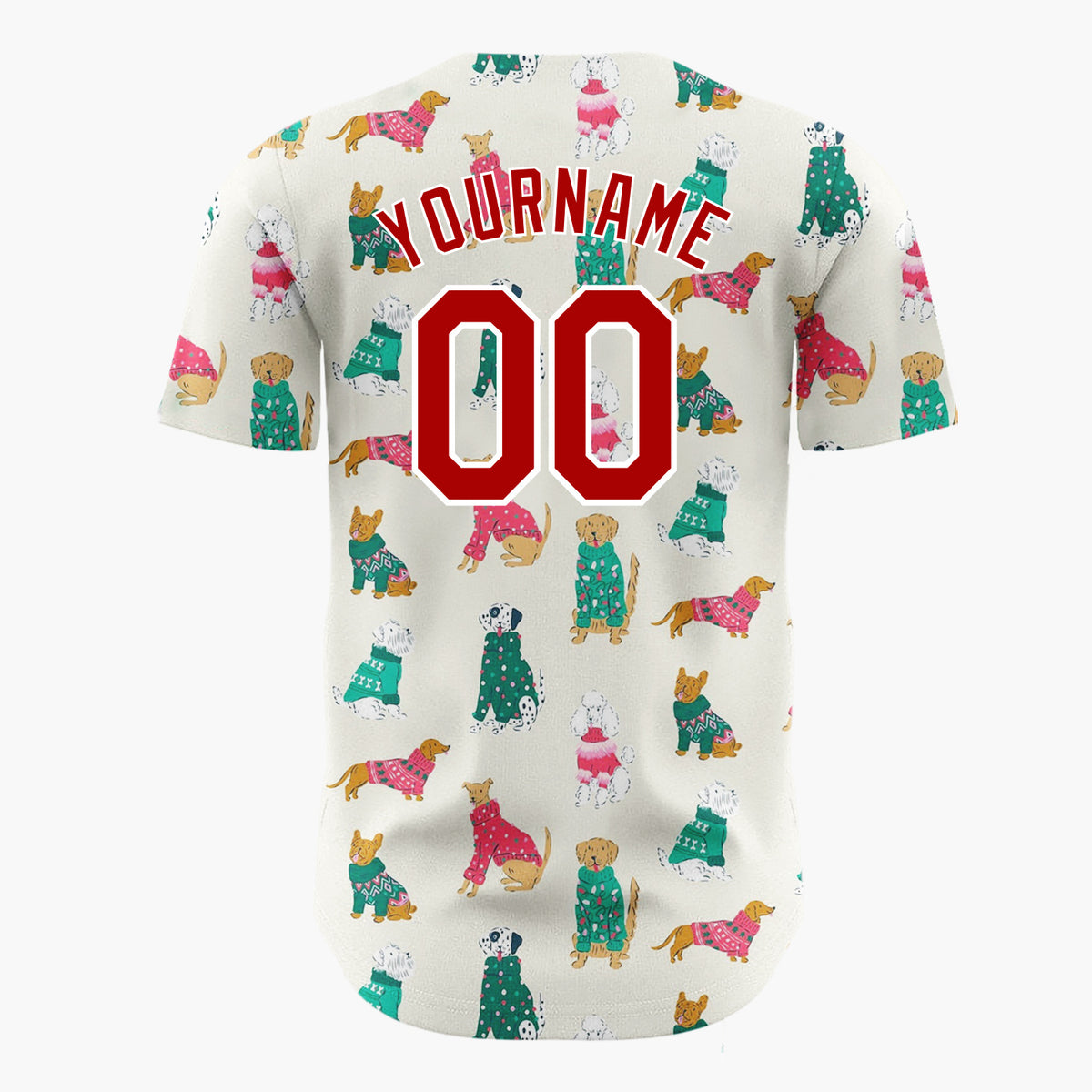 Custom Cream Green Dogs In Festive Jumpers Holiday Pet Pattern Christmas Baseball Jersey