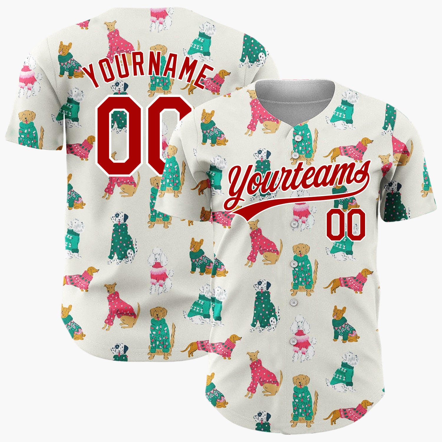 Custom Cream Green Dogs In Festive Jumpers Holiday Pet Pattern Christmas Baseball Jersey