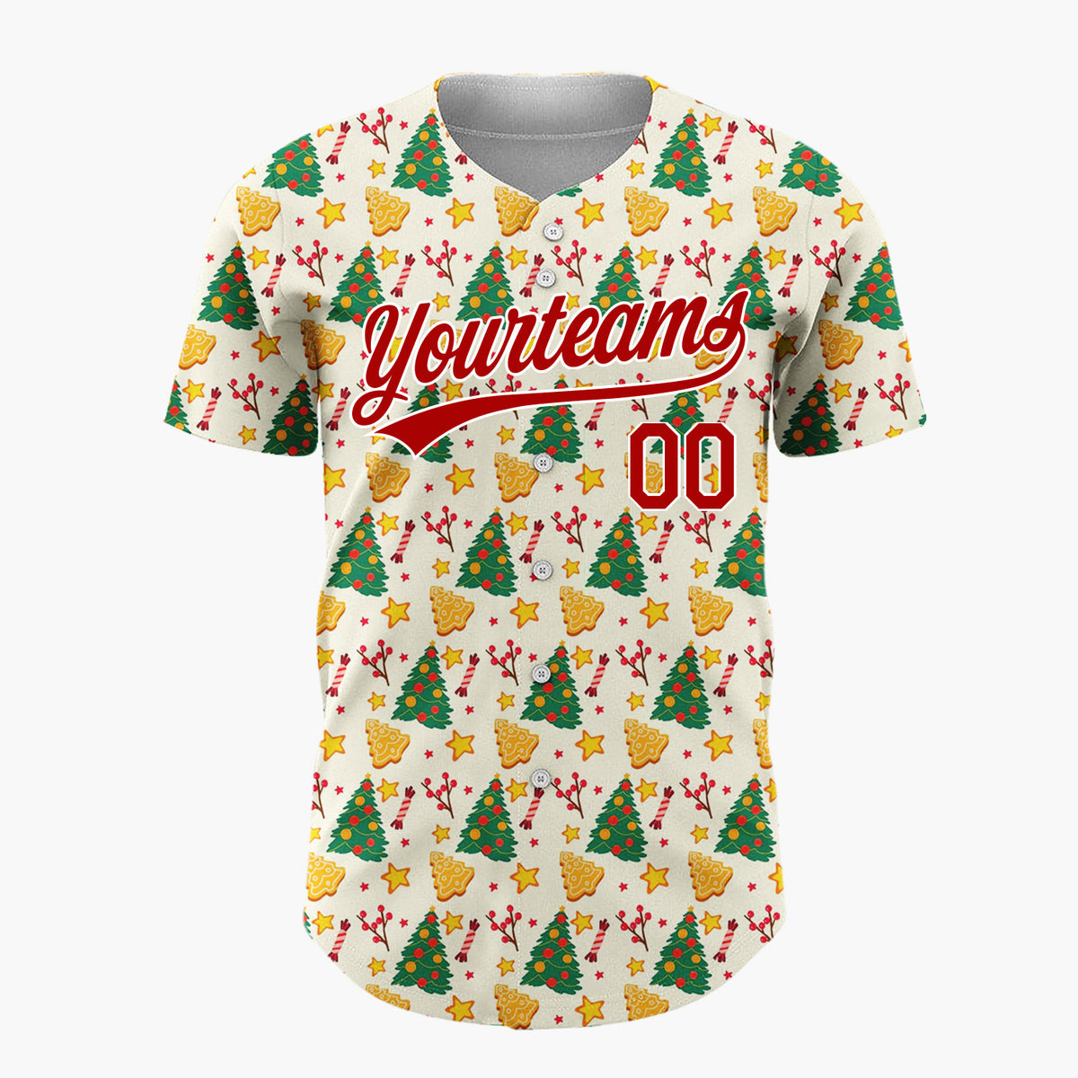Custom Cream Green Red Christmas Trees Cookies And Stars Holiday Pattern Christmas Baseball Jersey