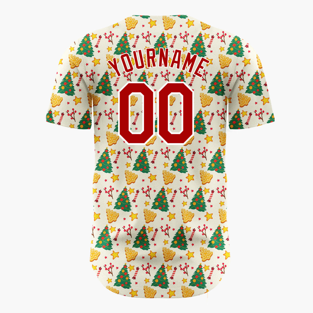Custom Cream Green Red Christmas Trees Cookies And Stars Holiday Pattern Christmas Baseball Jersey