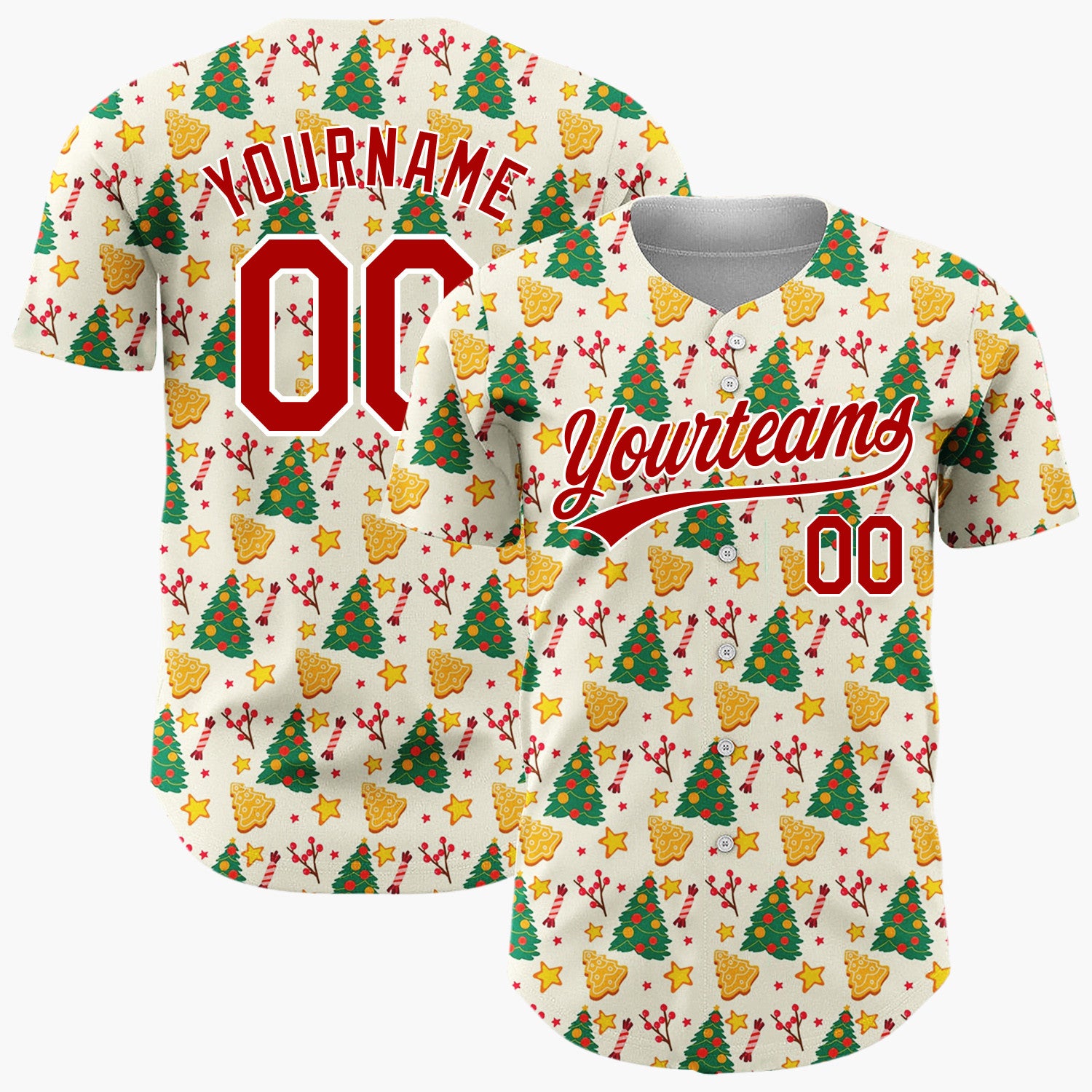 Custom Cream Green Red Christmas Trees Cookies And Stars Holiday Pattern Christmas Baseball Jersey