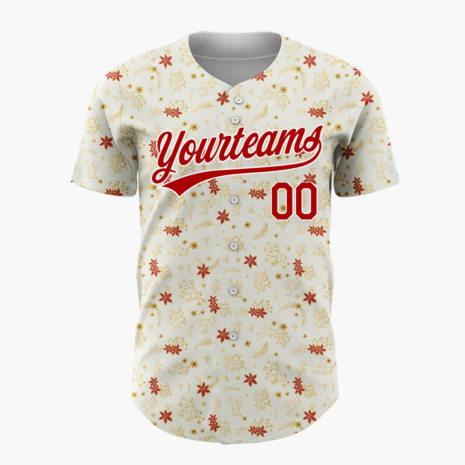 Custom Cream Gold Poinsettia Flowers And Leaves Minimal Christmas Baseball Jersey
