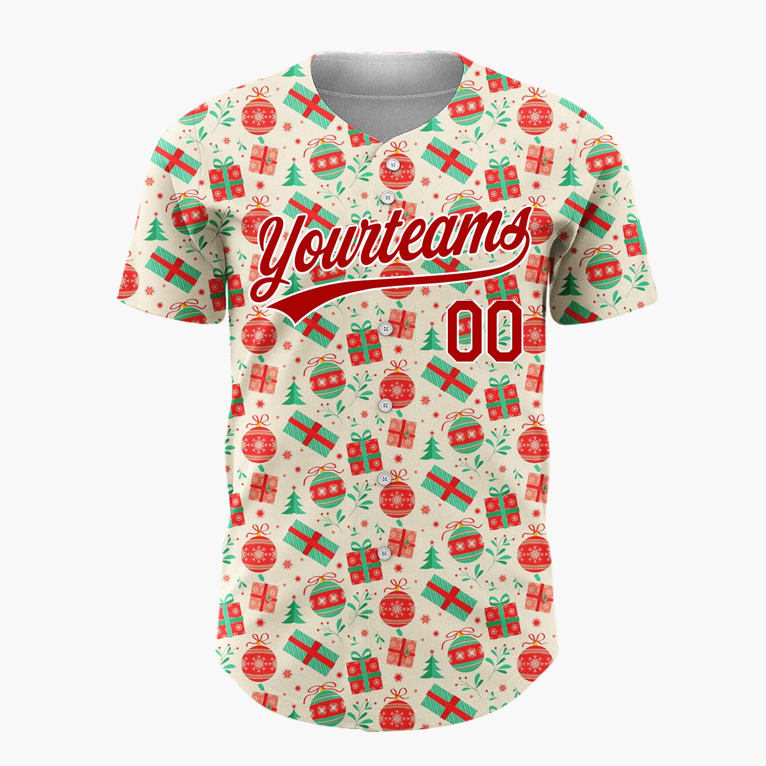 Custom Cream Red Green Gifts And Ornaments Traditional Holiday Pattern Christmas Baseball Jersey