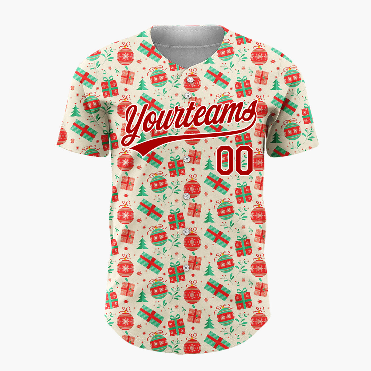 Custom Cream Red Green Gifts And Ornaments Traditional Holiday Pattern Christmas Baseball Jersey