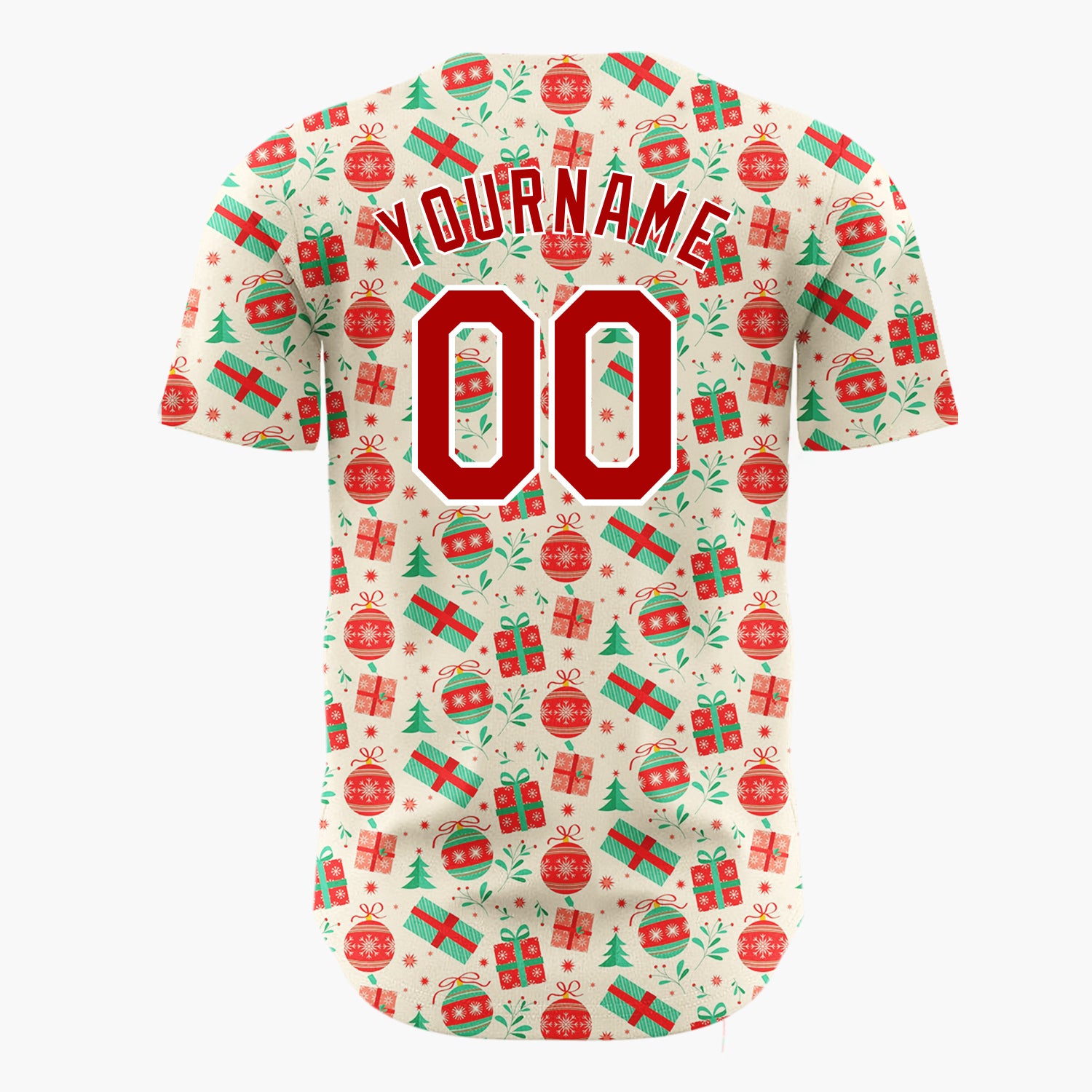 Custom Cream Red Green Gifts And Ornaments Traditional Holiday Pattern Christmas Baseball Jersey
