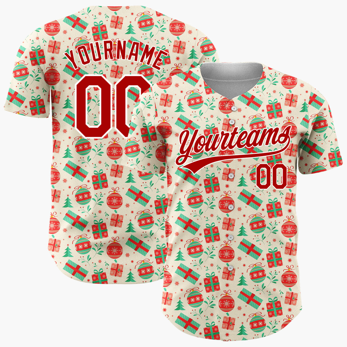 Custom Cream Red Green Gifts And Ornaments Traditional Holiday Pattern Christmas Baseball Jersey
