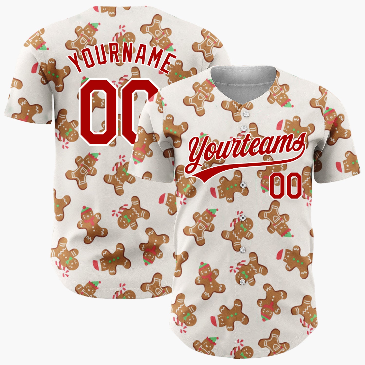 Custom Cream Brown Gingerbread Men Candy Canes And Hats Christmas Baseball Jersey