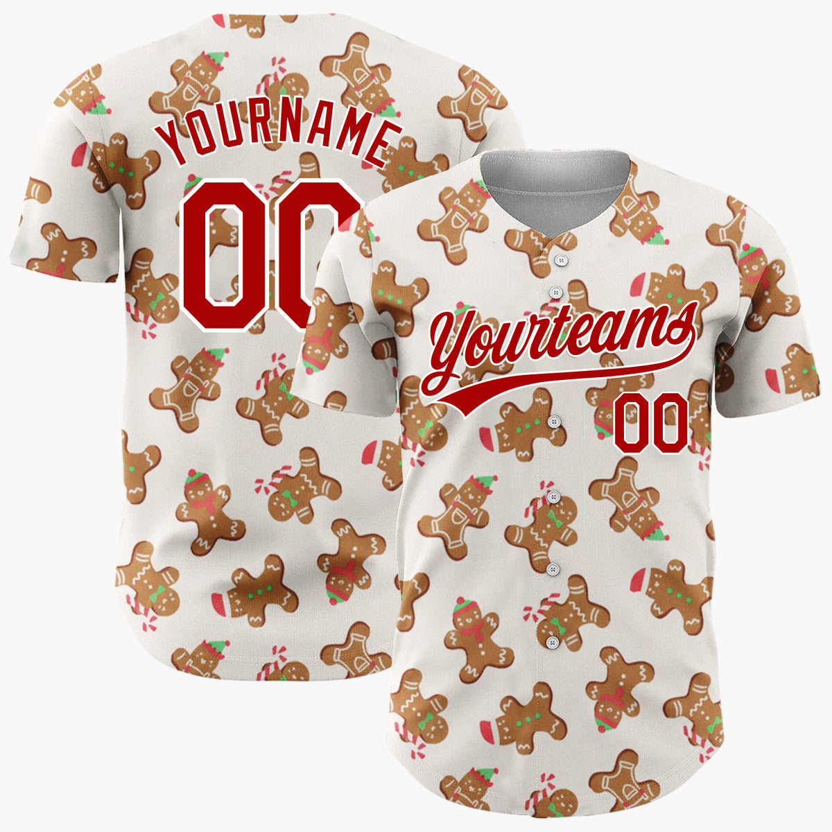 Custom Cream Brown Gingerbread Men Candy Canes And Hats Christmas Baseball Jersey