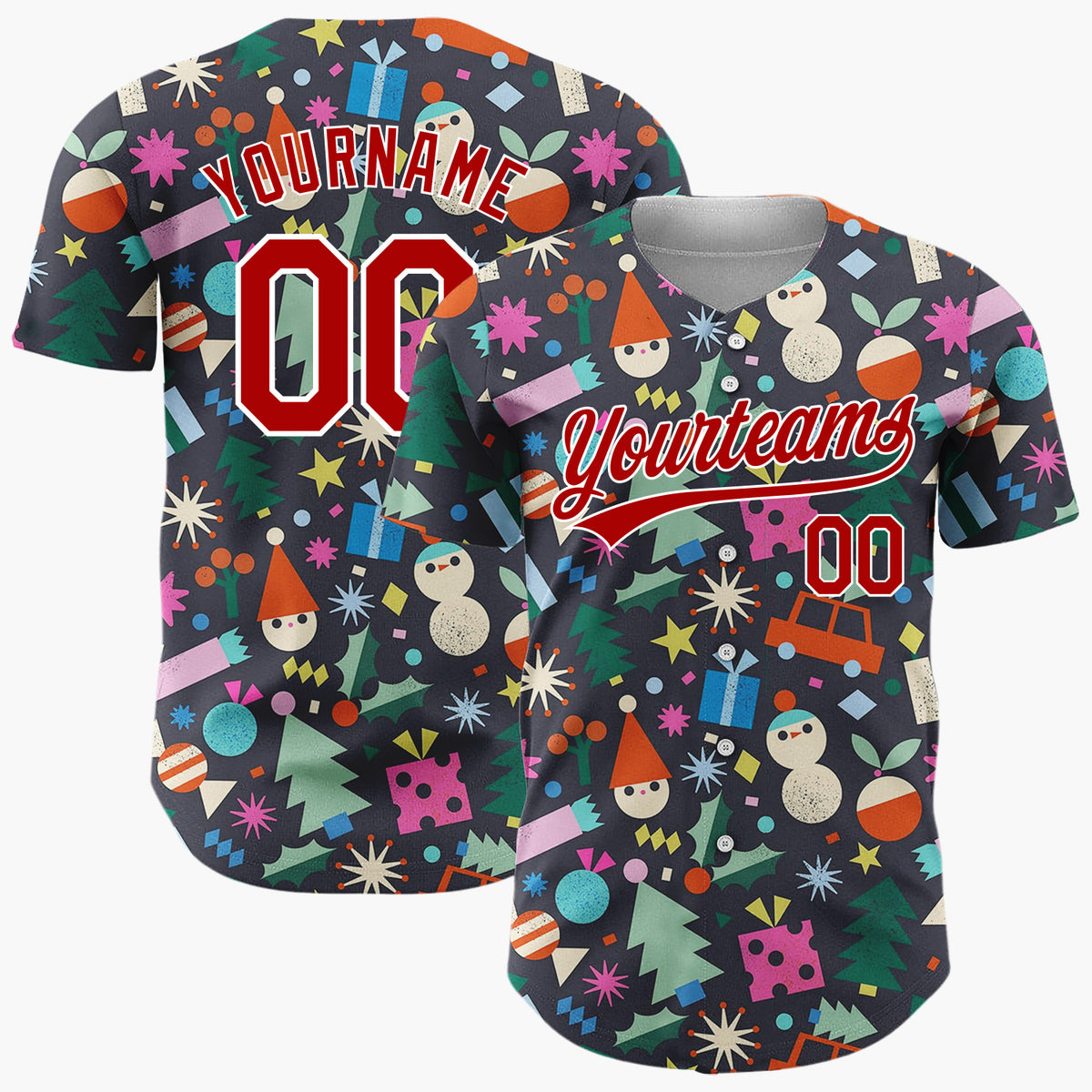 Custom Dark Blue Christmas Toys World Doodles Cartoon Pattern Christmas Baseball Jersey