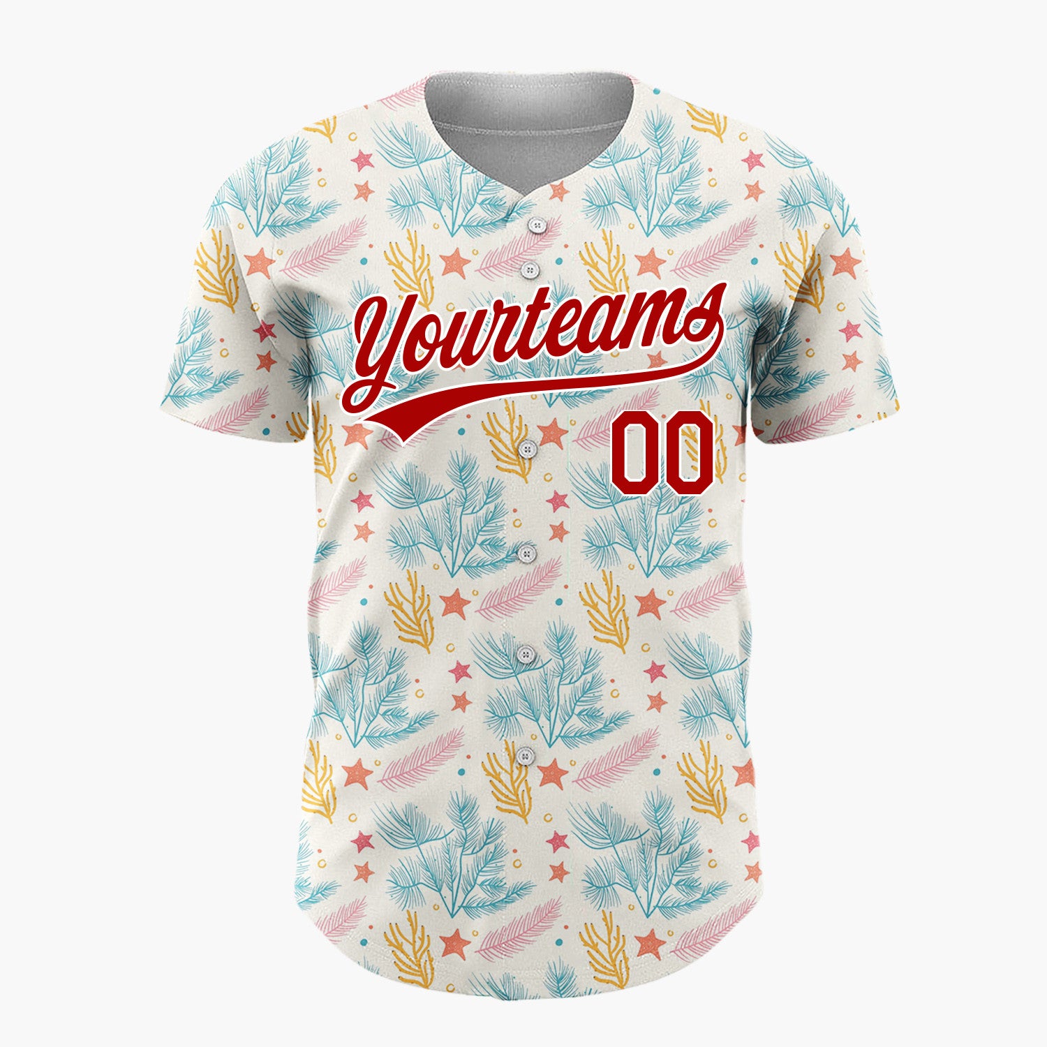 Custom Cream Teal Pine Branches Stars And Leaves Hand Drawn Holiday Pattern Christmas Baseball Jersey