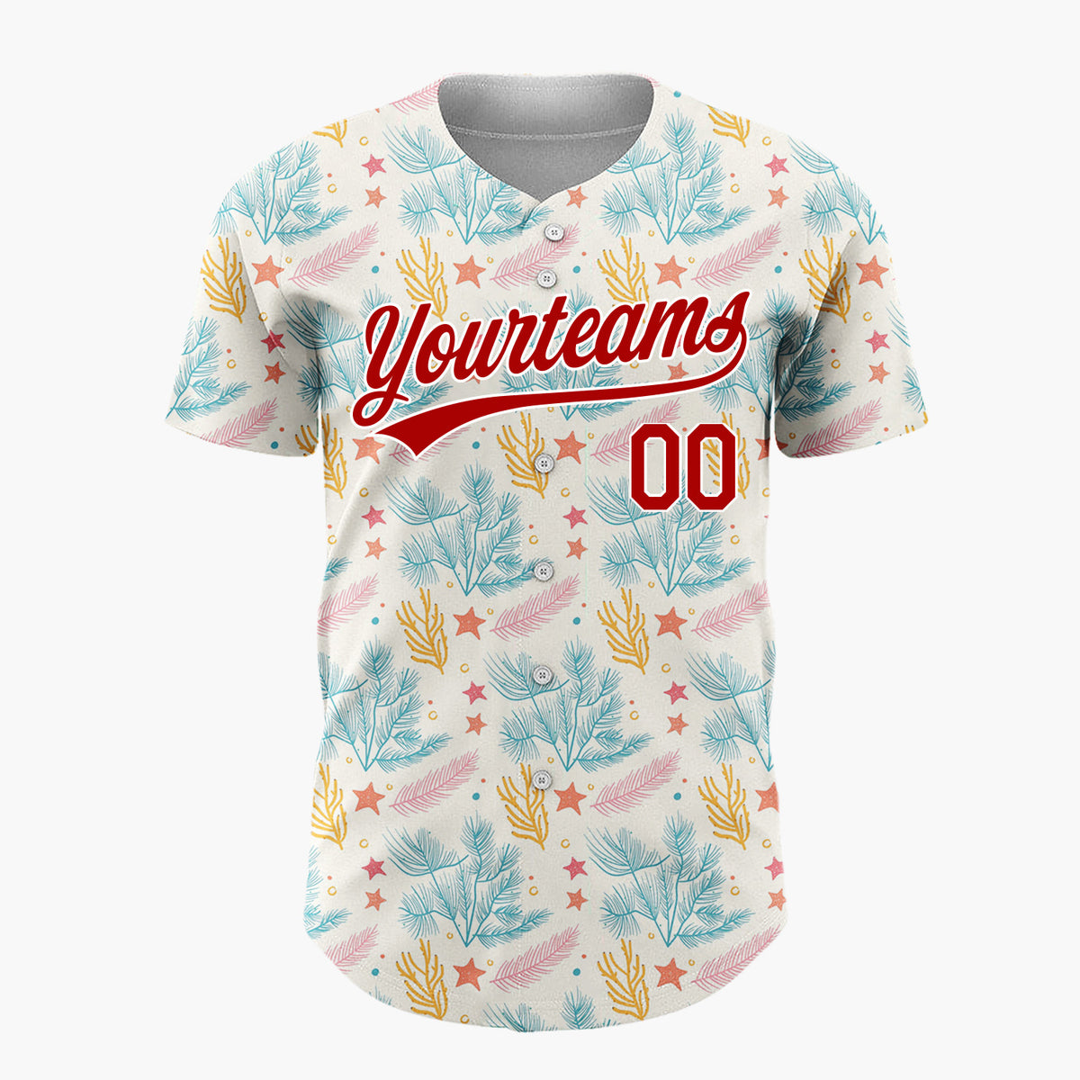 Custom Cream Teal Pine Branches Stars And Leaves Hand Drawn Holiday Pattern Christmas Baseball Jersey