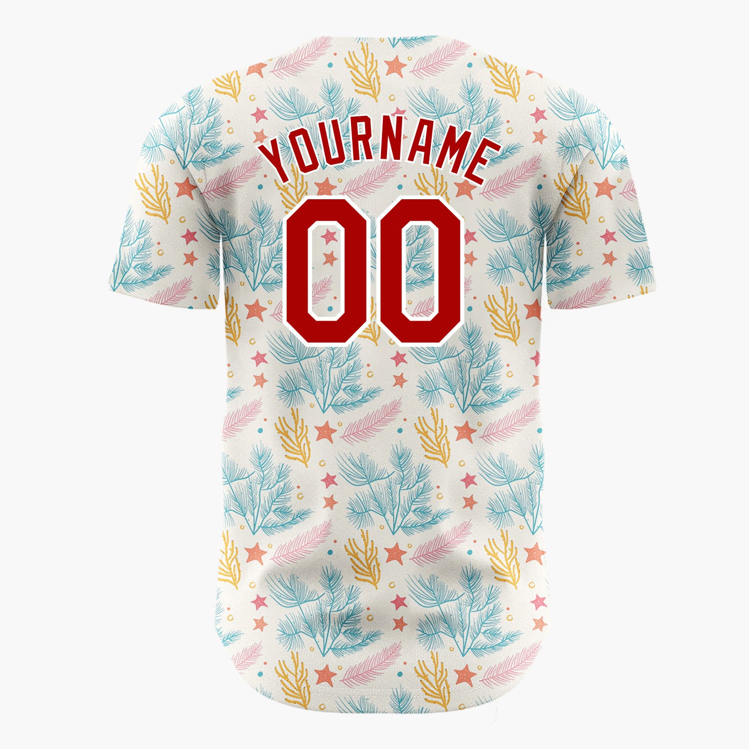 Custom Cream Teal Pine Branches Stars And Leaves Hand Drawn Holiday Pattern Christmas Baseball Jersey
