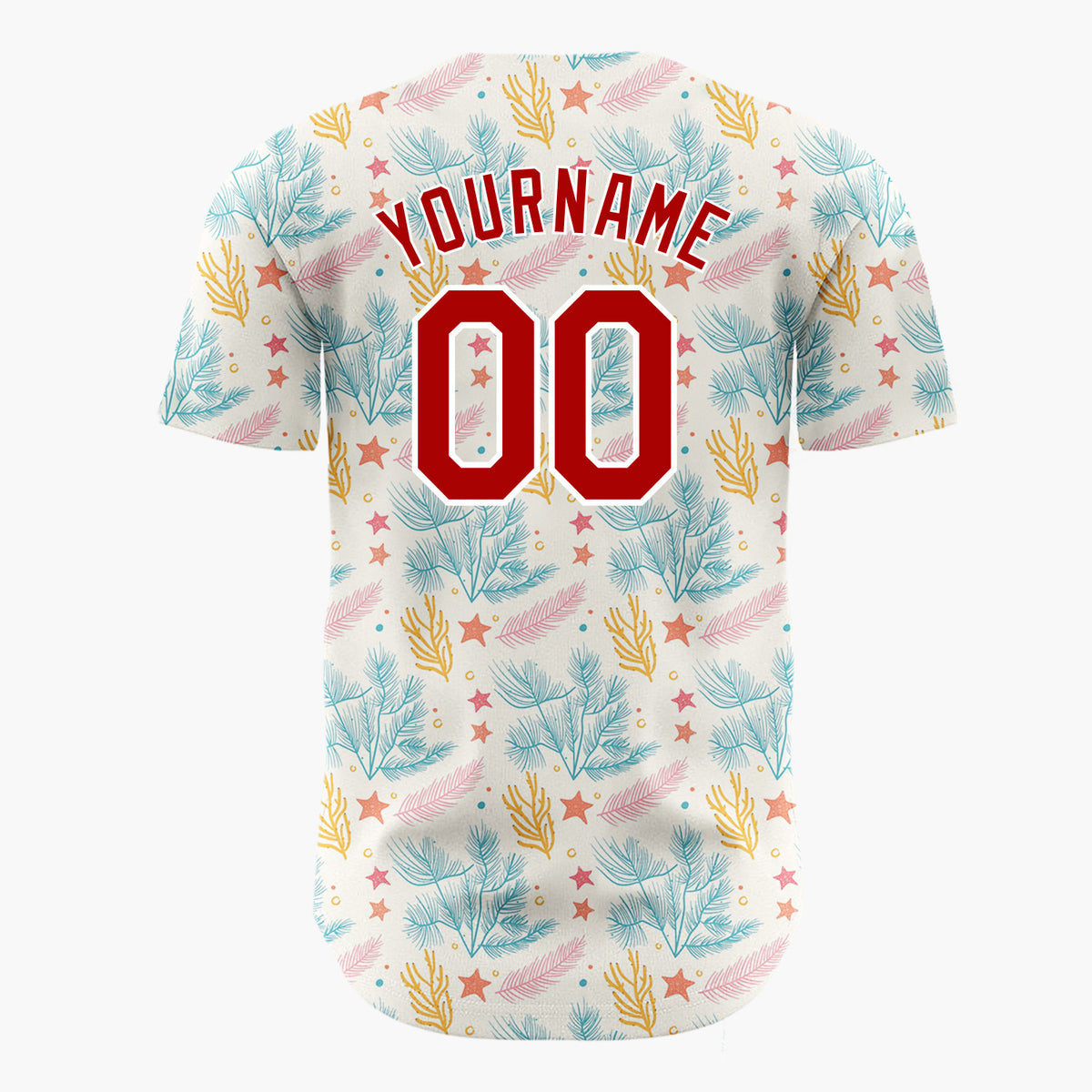 Custom Cream Teal Pine Branches Stars And Leaves Hand Drawn Holiday Pattern Christmas Baseball Jersey