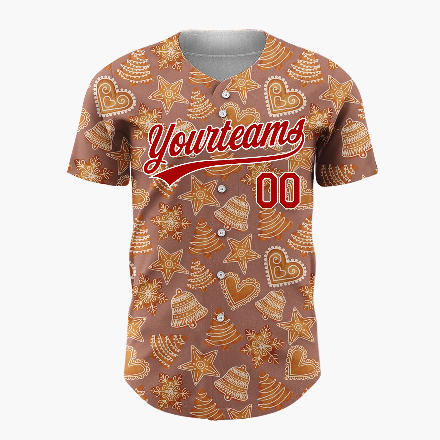 Custom Brown Gingerbread Hearts Stars And Bells Cozy Cookie Christmas Baseball Jersey