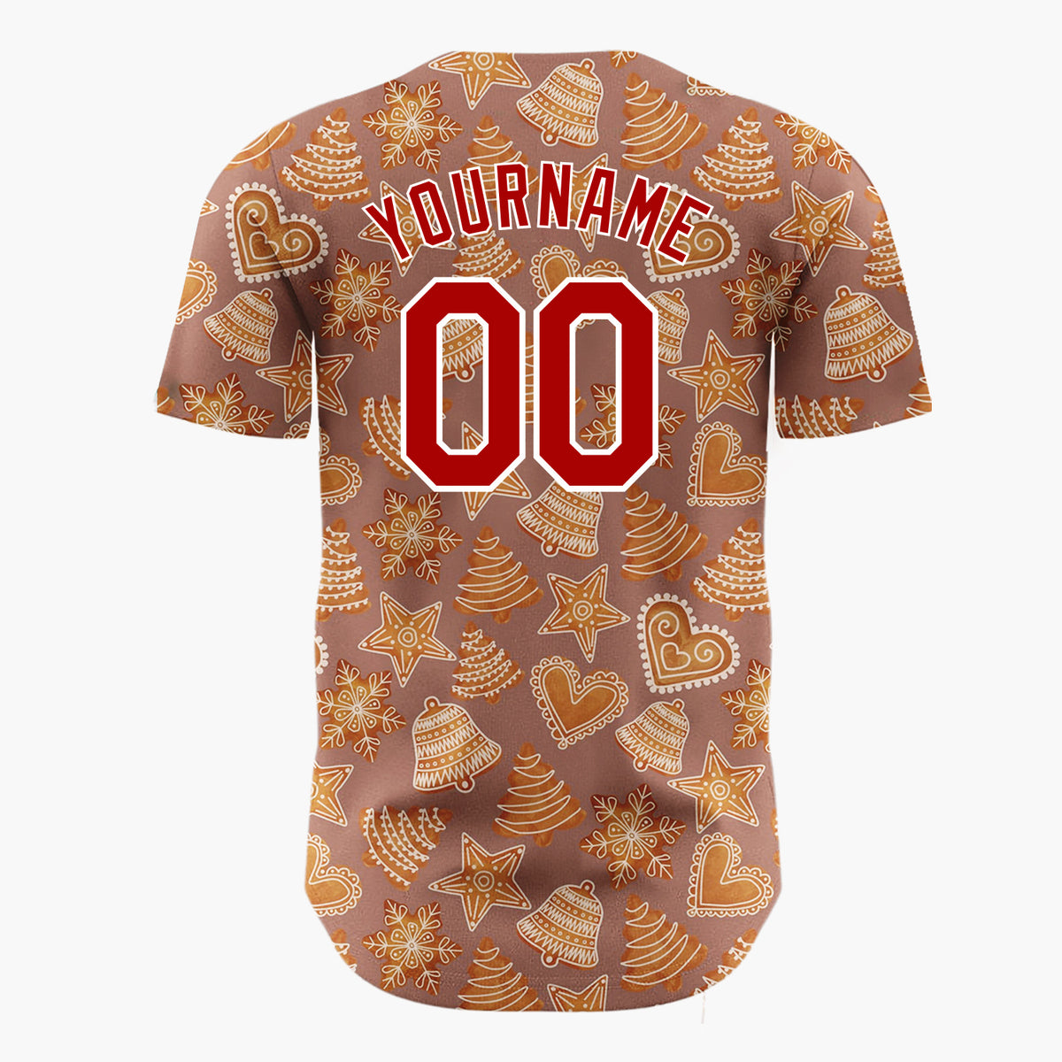 Custom Brown Gingerbread Hearts Stars And Bells Cozy Cookie Christmas Baseball Jersey
