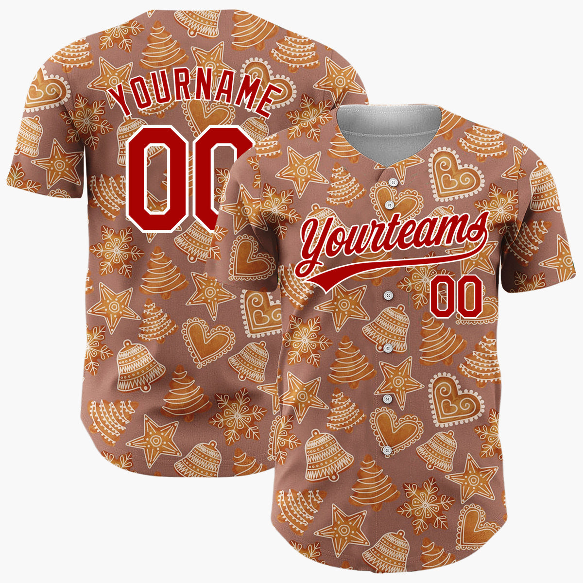 Custom Brown Gingerbread Hearts Stars And Bells Cozy Cookie Christmas Baseball Jersey